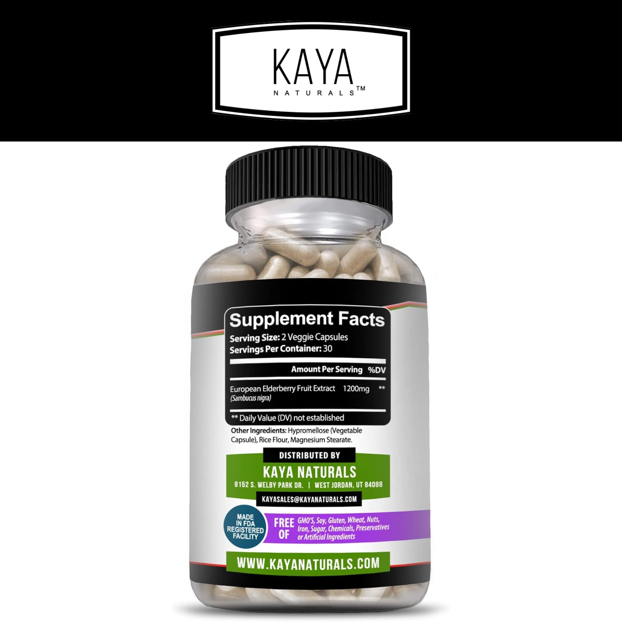 Bouteille Kaya Naturals Sureau, 60 capsules faciles à prendre.