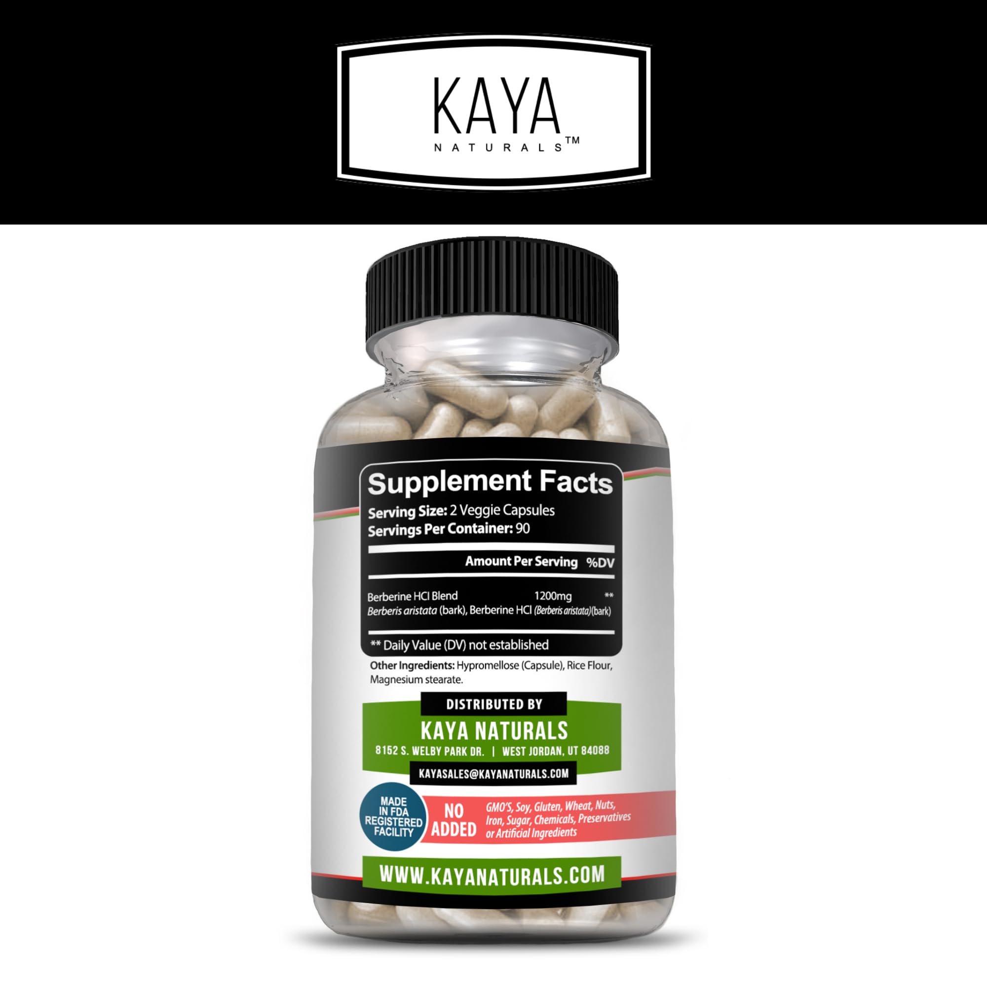 Kaya Naturals Berberine HCL capsules—faciles à avaler et intégrables au quotidien.