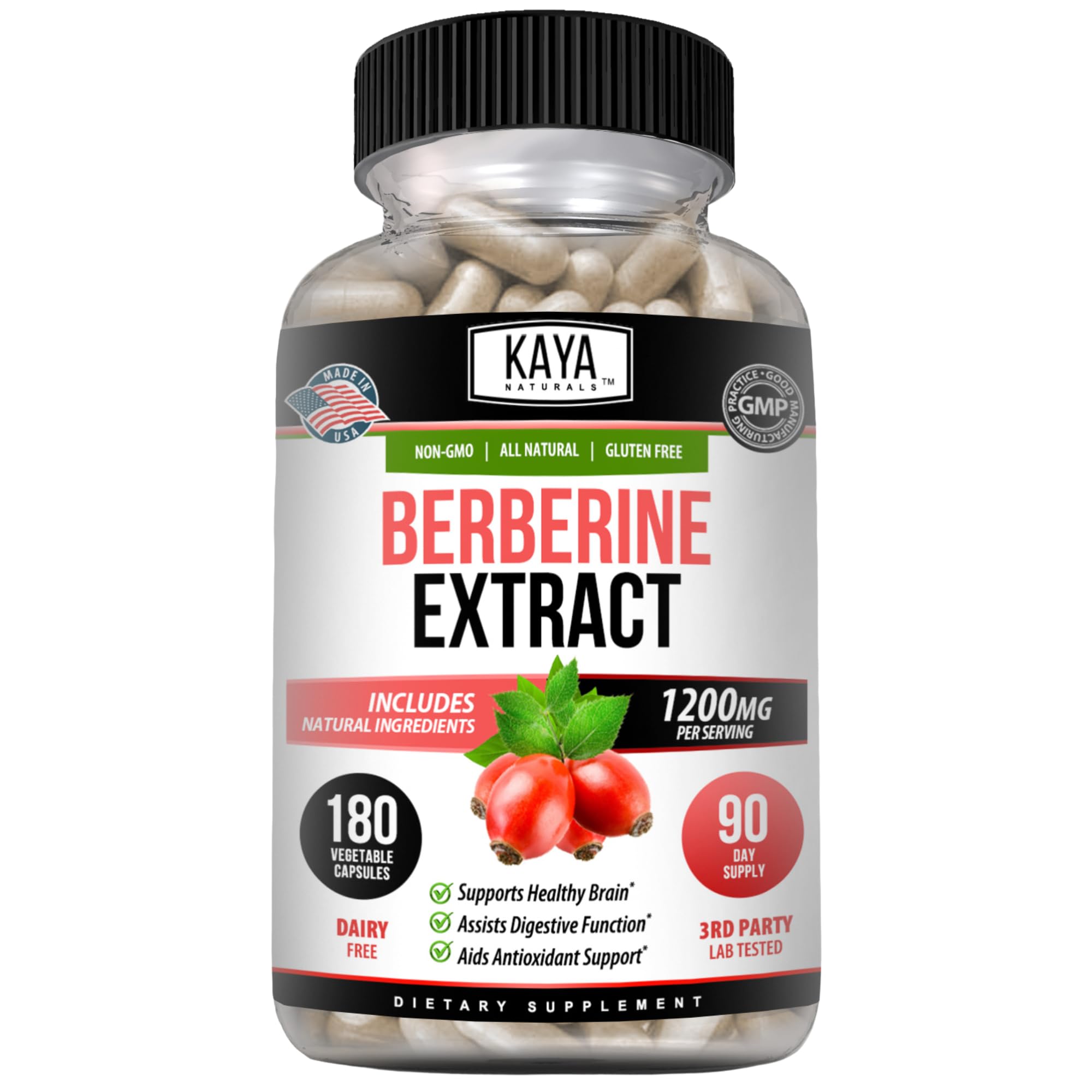 Kaya Naturals Berberine HCL flacon—dosage pratique pour votre routine.