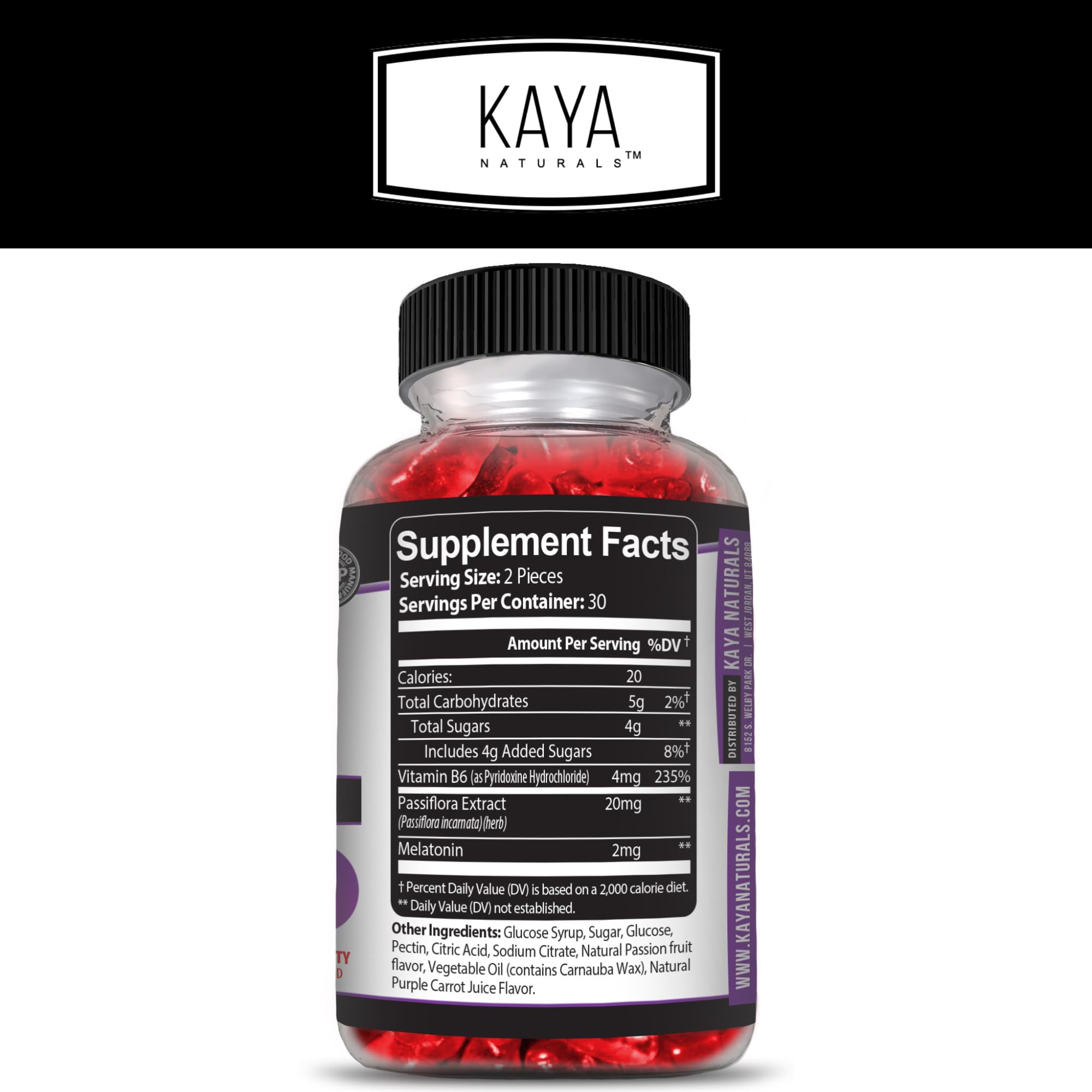 Gomme Kaya Naturals Mélatonine prête à être prise avant le coucher.
