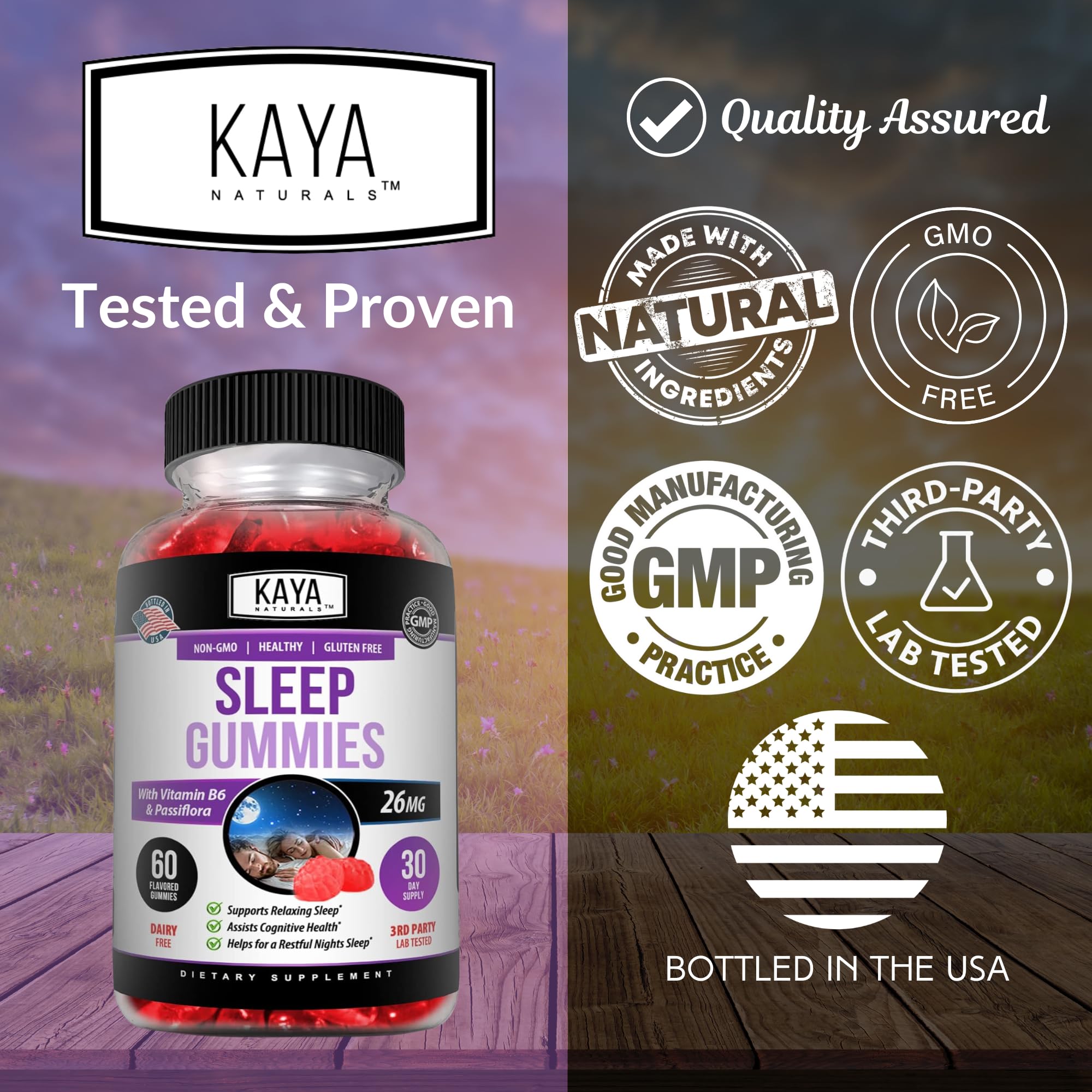 Gomme Kaya Naturals Mélatonine enrichie vitamine B6, peut soutenir la clarté mentale.