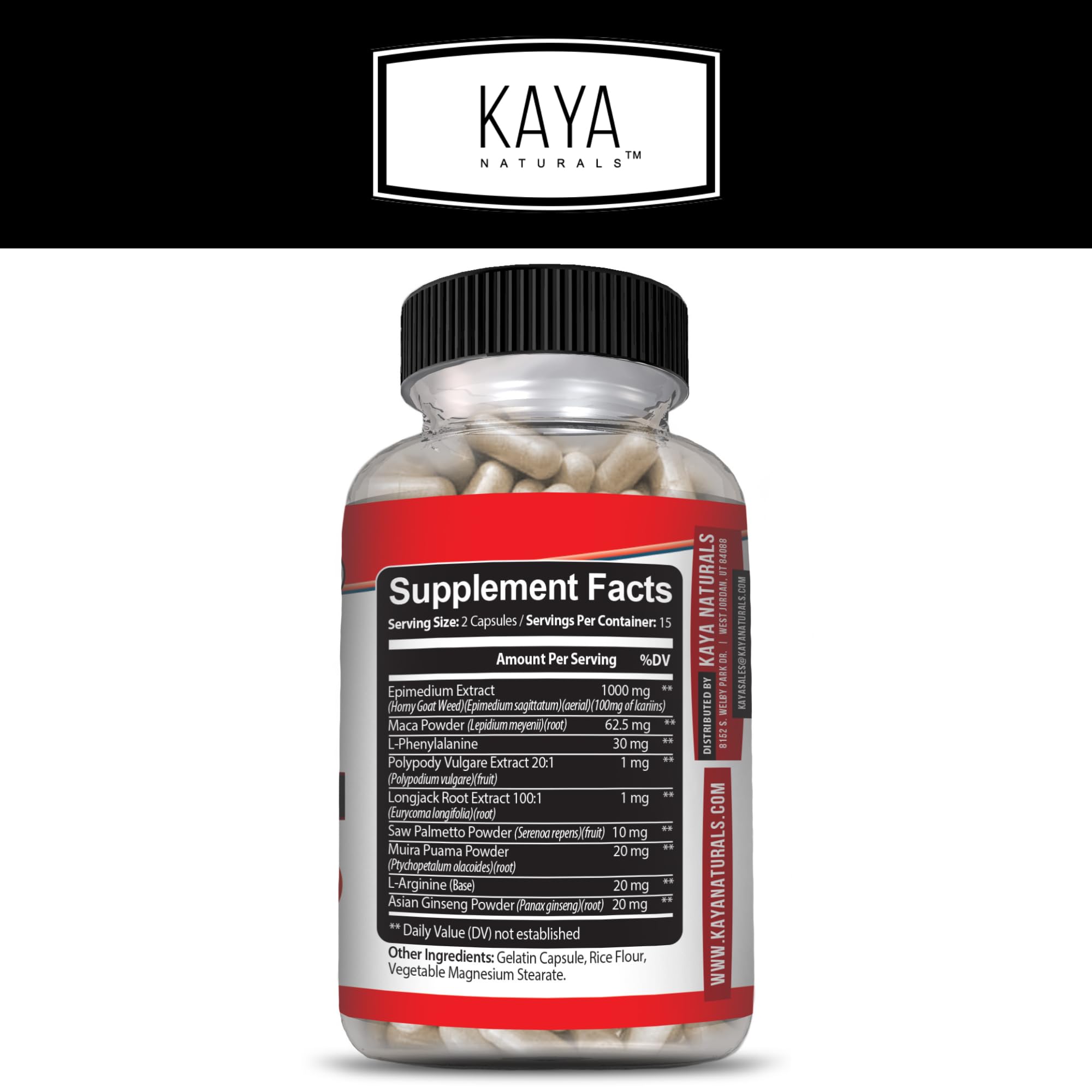 Kaya Naturals Horny Goat Weed, gelules au premier plan.