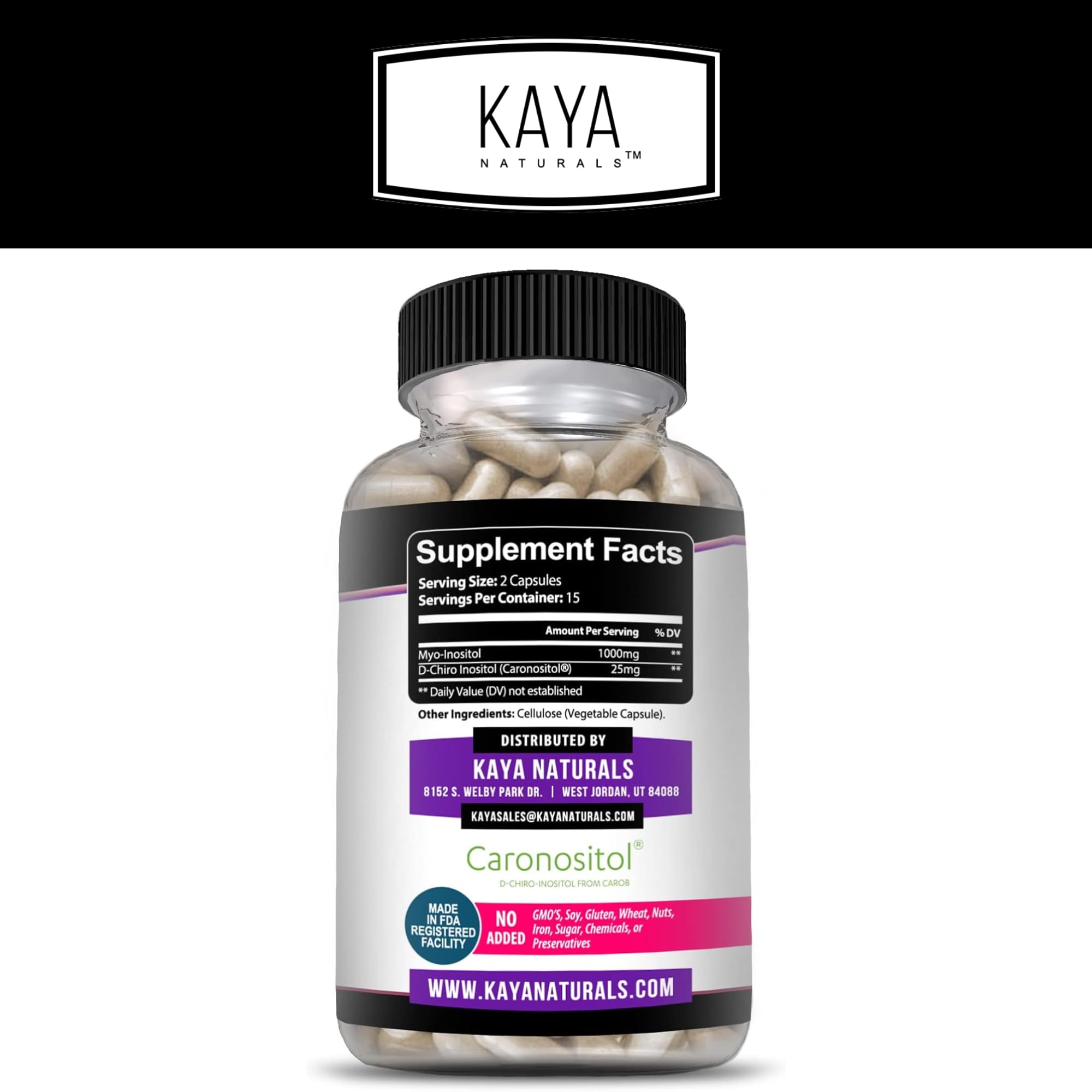 Kaya Naturals Myo et D-Chiro Inositol Plus – capsules faciles à avaler.