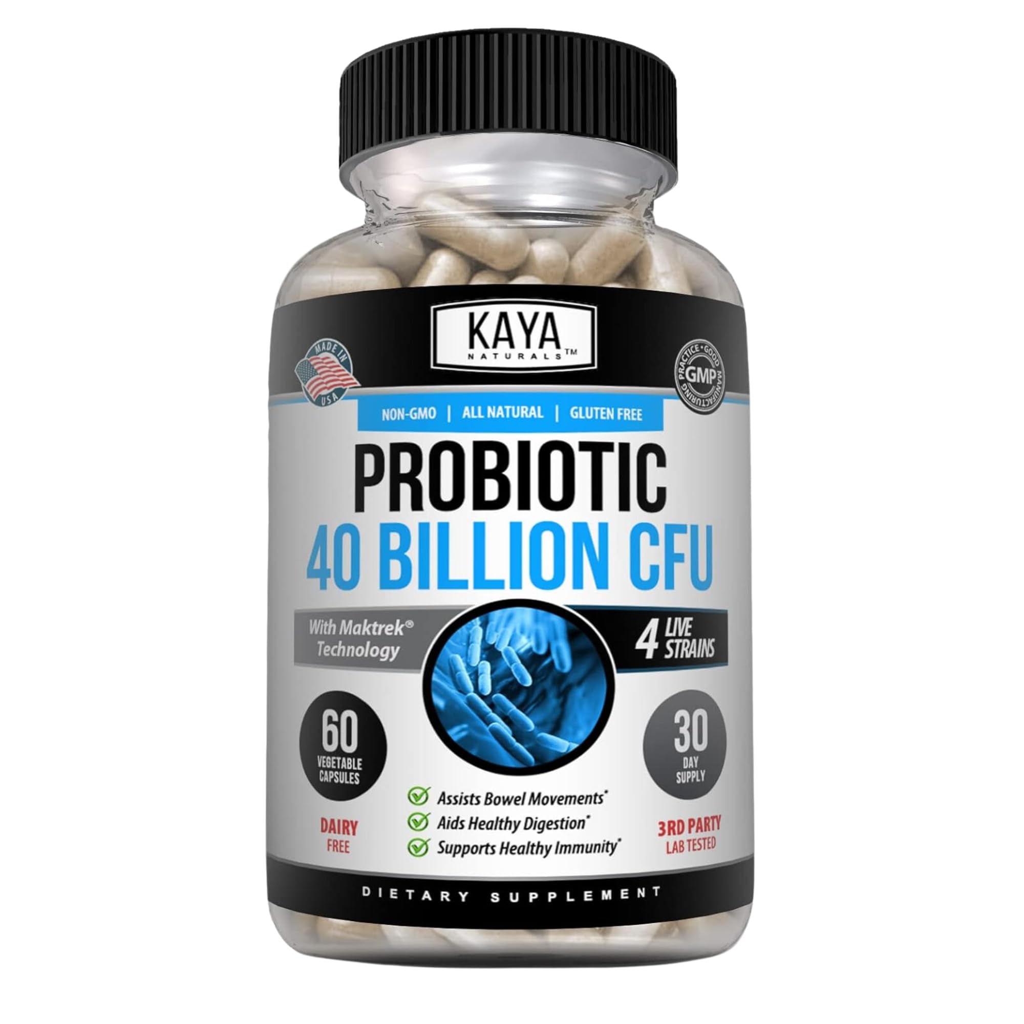 Kaya Naturals Probiotiques 40 Milliards – bouteille: soutien digestif potentiel au quotidien.
