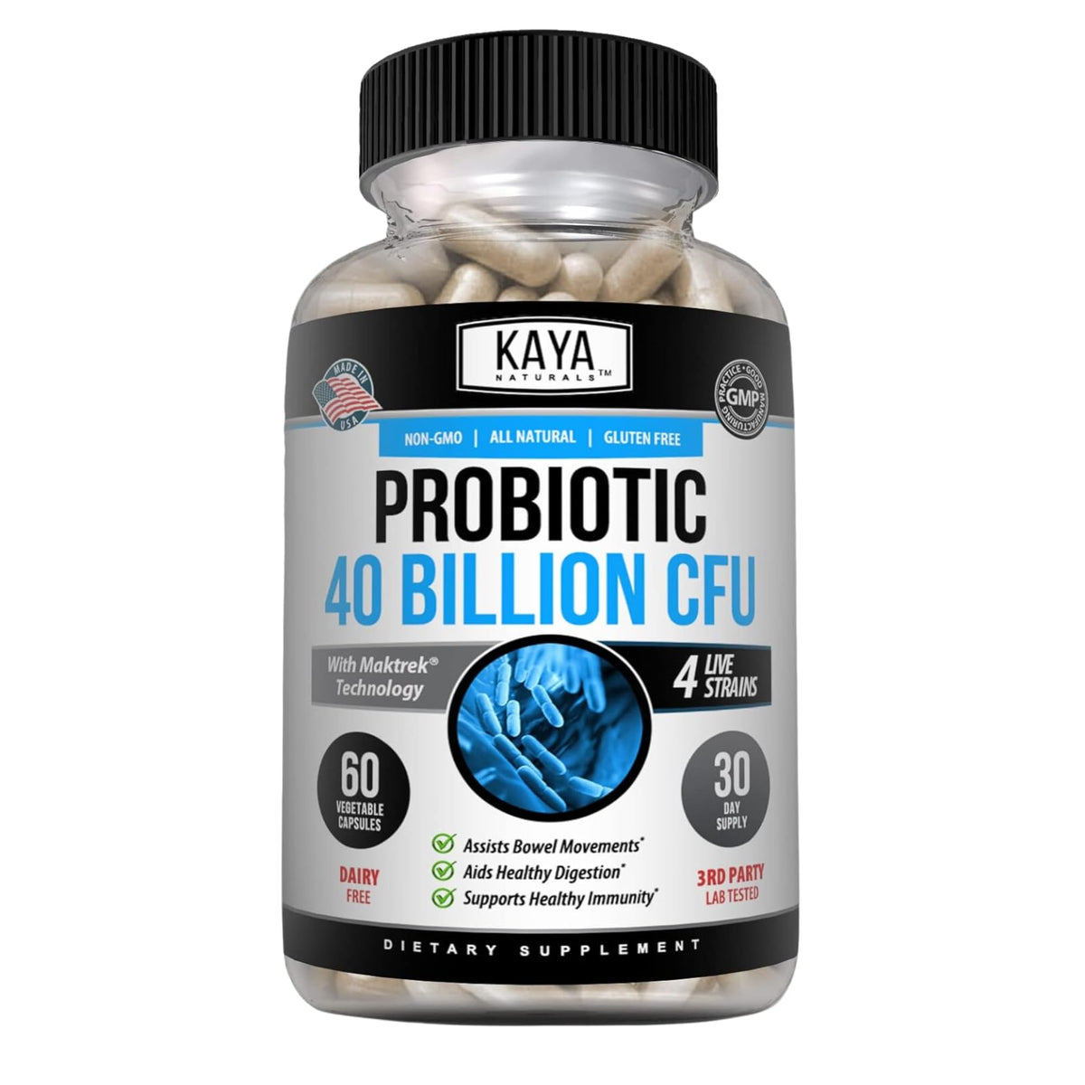 Kaya Naturals Probiotiques 40 Milliards – bouteille: soutien digestif potentiel au quotidien.