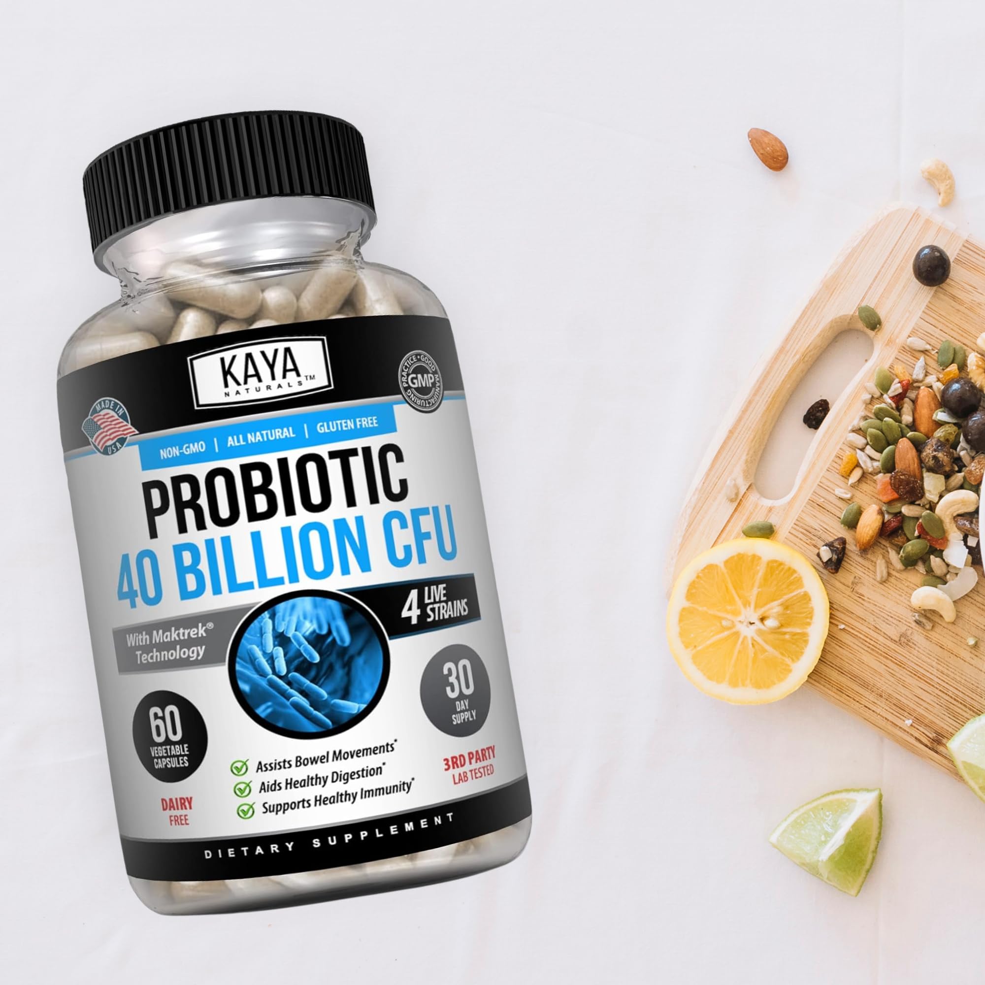 Kaya Naturals Probiotiques 40 Milliards – souches diverses: soutien potentiel à l'équilibre intestinal.
