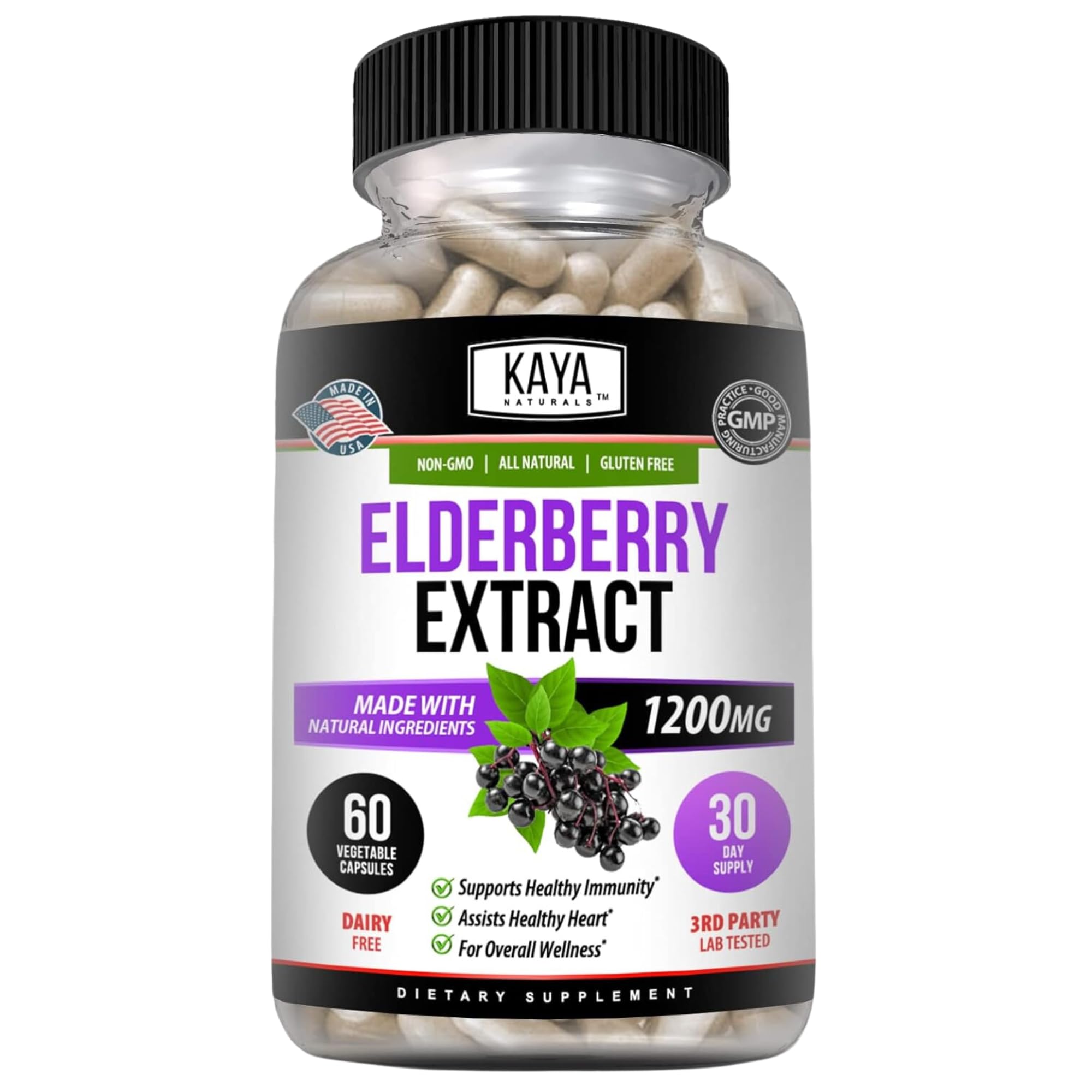 Kaya Naturals Sureau capsules 1200 mg pour le soutien immunitaire quotidien.