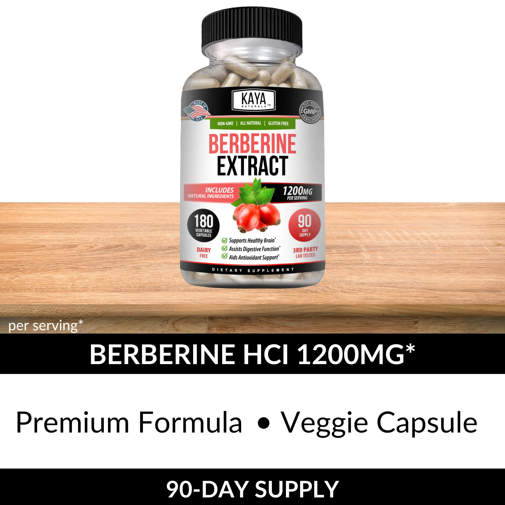 Kaya Naturals Berberine HCL tableau-ingrédients—liste lisible et transparente.