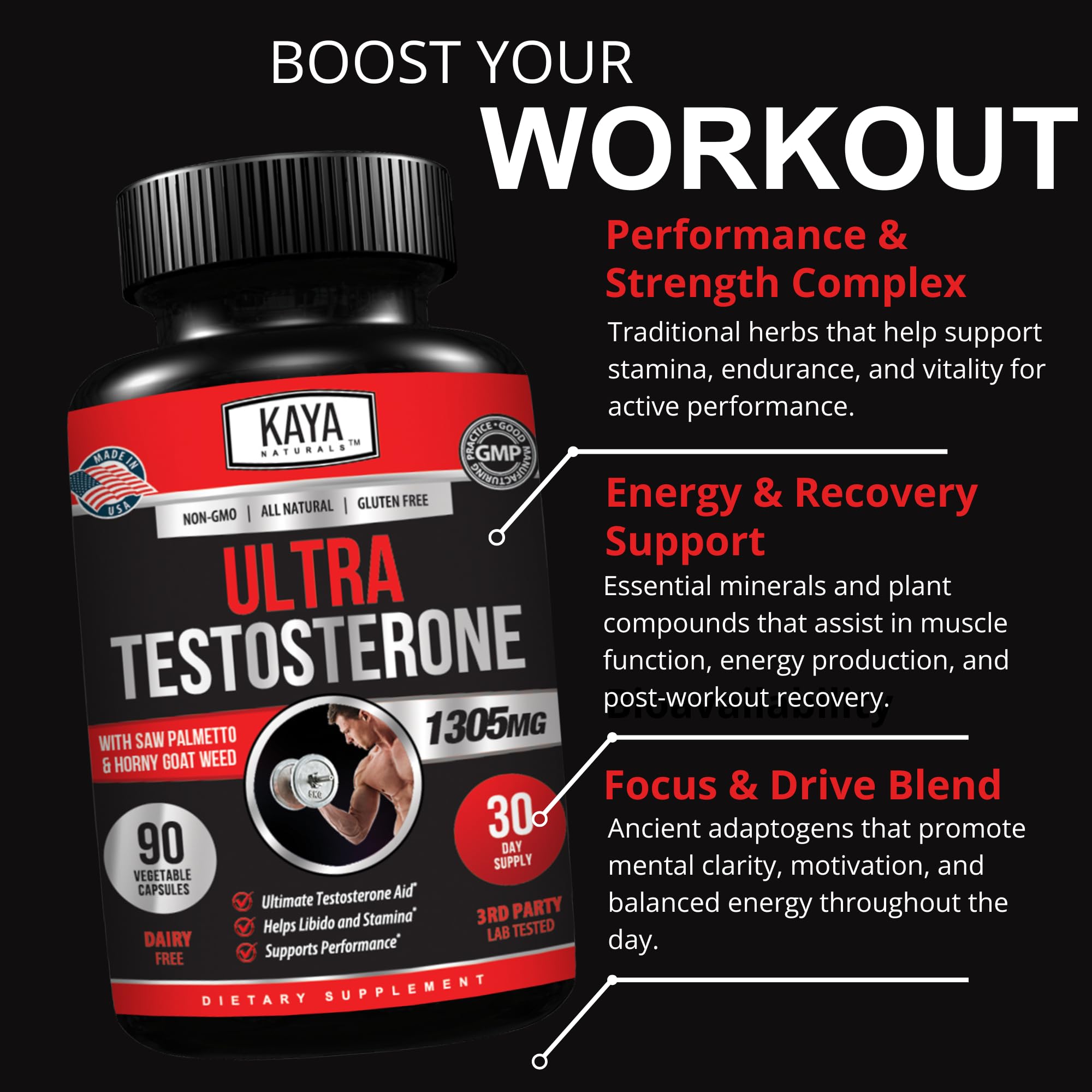 Ingrédients Tribulus sur l'emballage Kaya Naturals Ultra Testosterone.