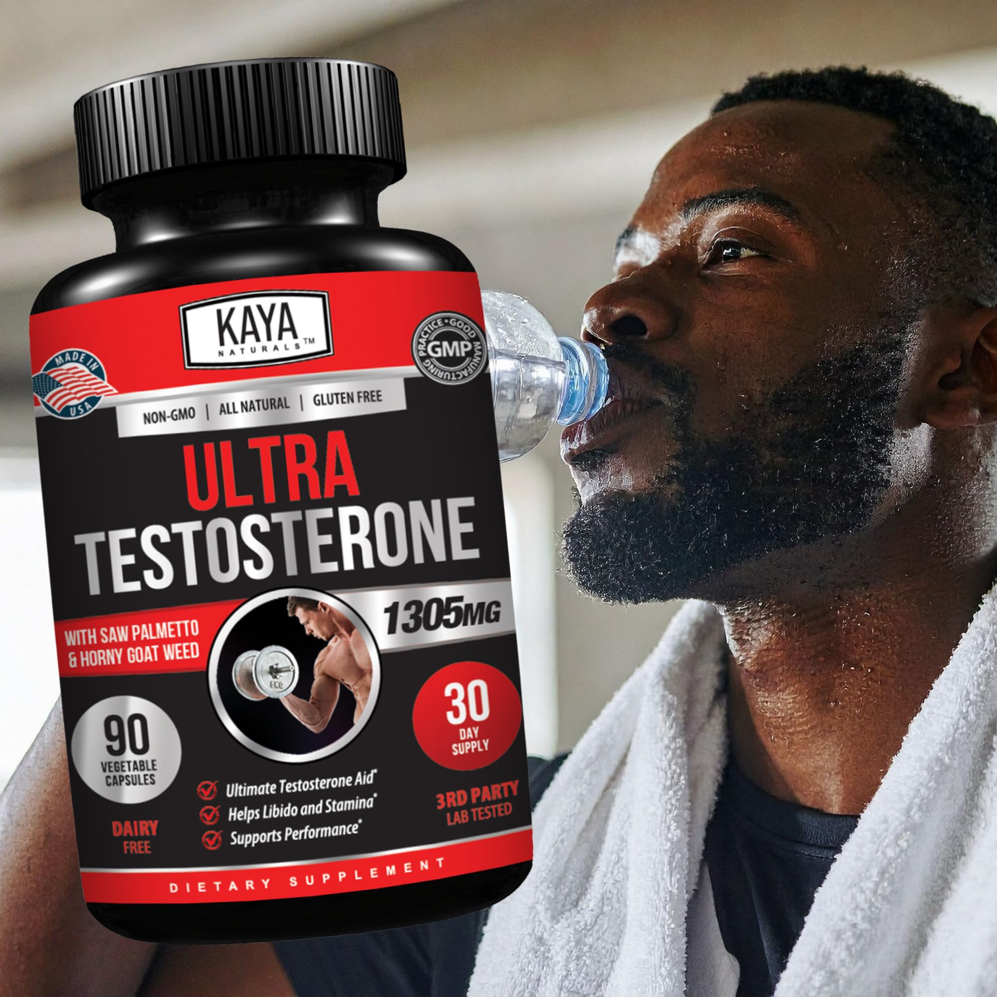 Scène d'entraînement avec Kaya Naturals Ultra Testosterone et capsules.