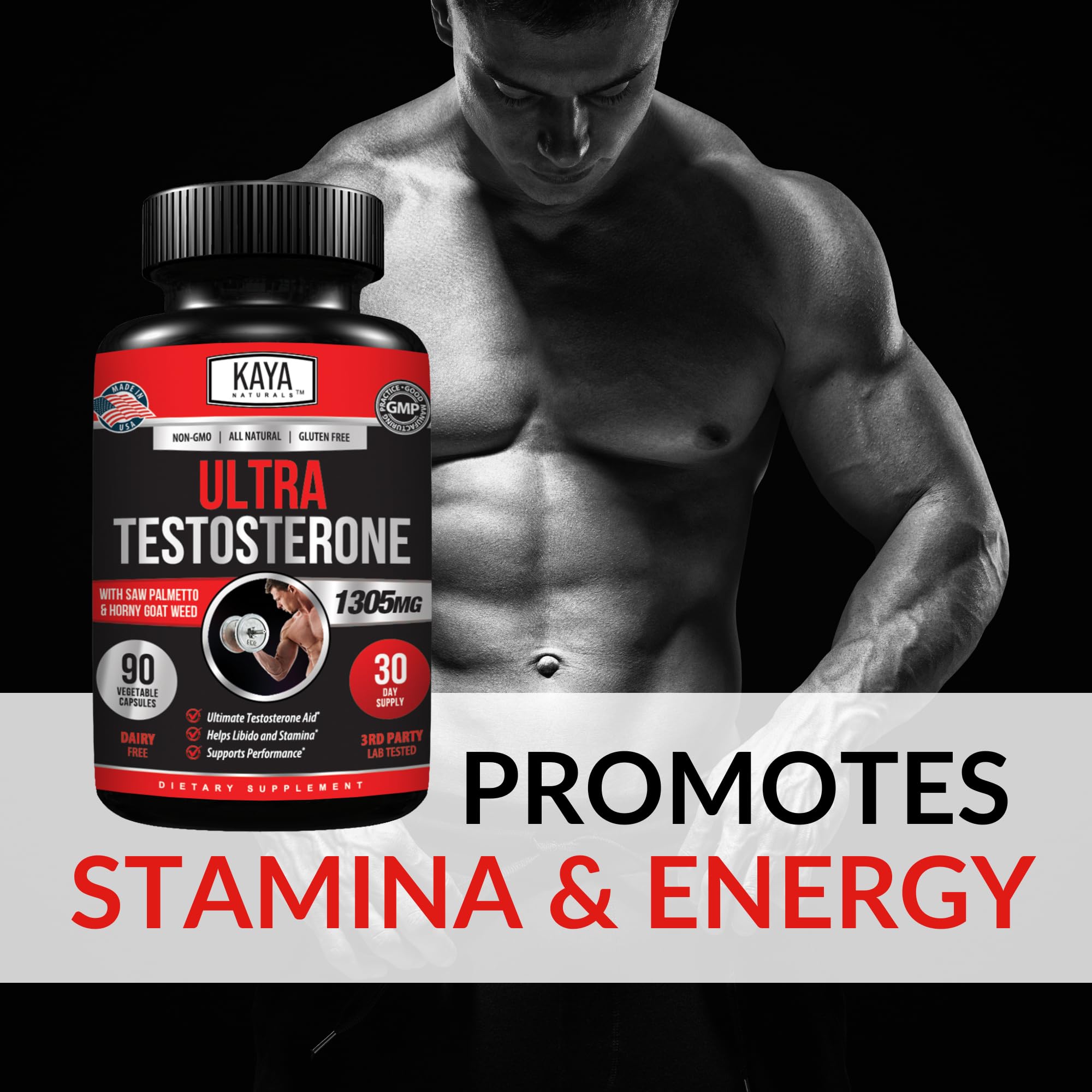 Étiquette Kaya Naturals Ultra Testosterone montrant les ingrédients clés.