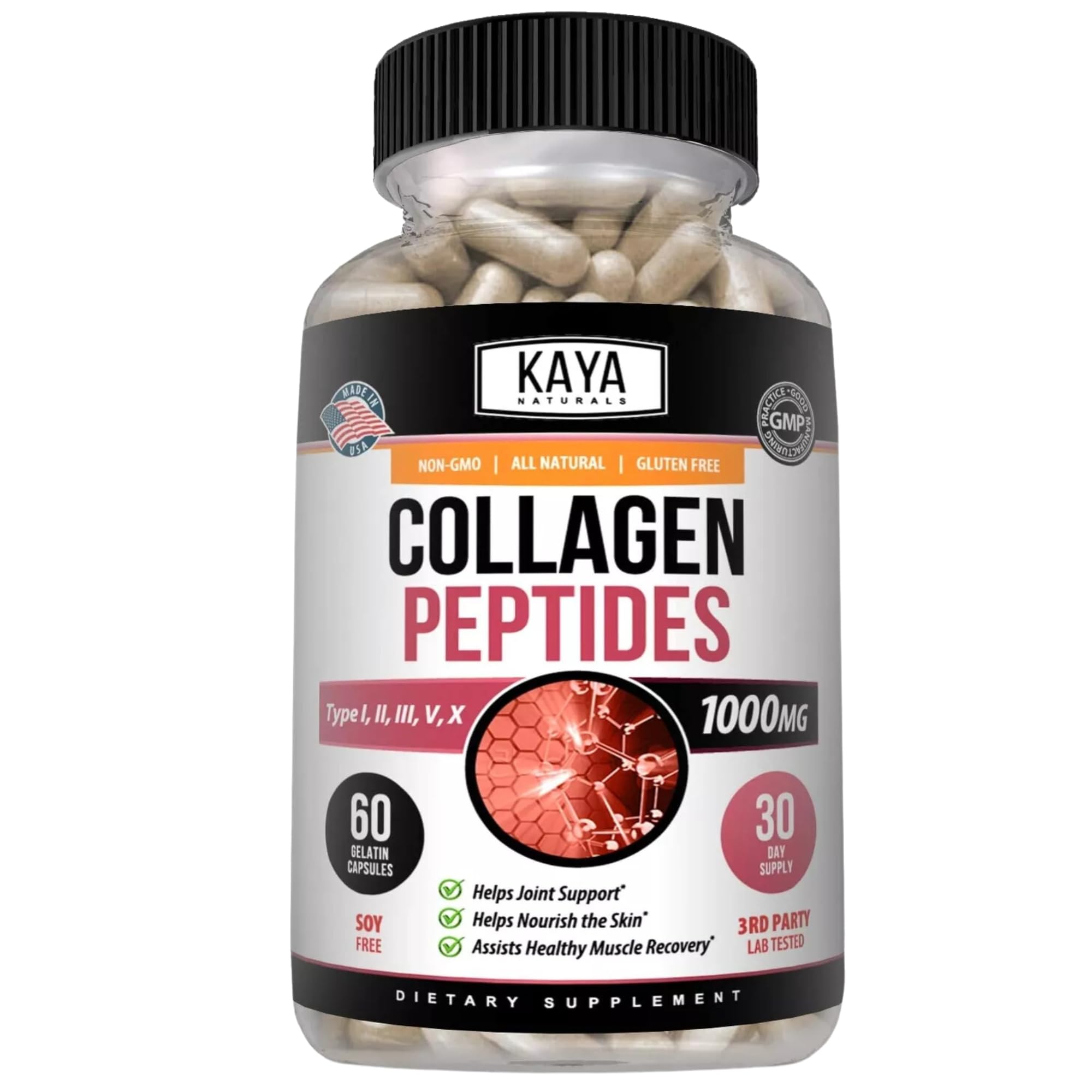 Kaya Naturals capsules de collagène sur bouteille, soutien potentiel à la mobilité.