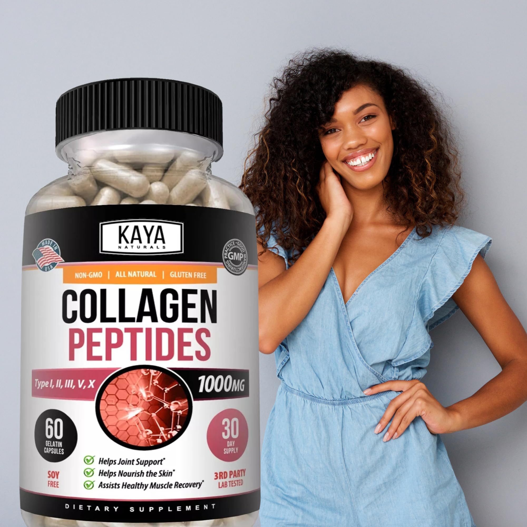 Plan rapproché sur l’étiquette Kaya Naturals, utilisation simple et directe.
