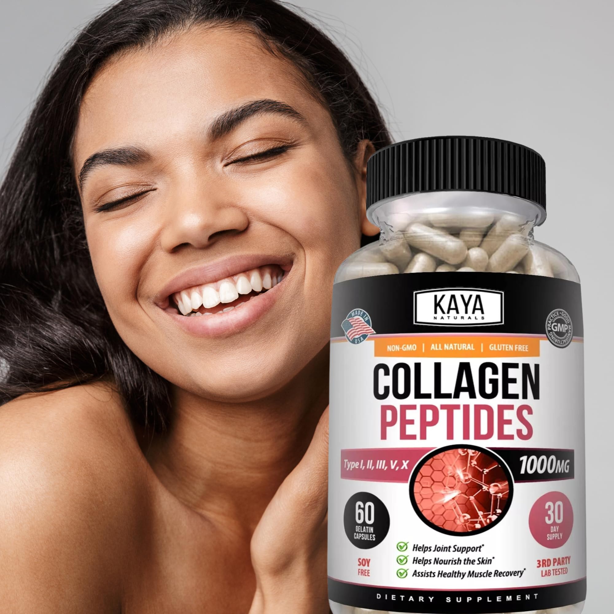 Vue du flacon Kaya Naturals avec gélules visibles, choix pratique pour le quotidien.
