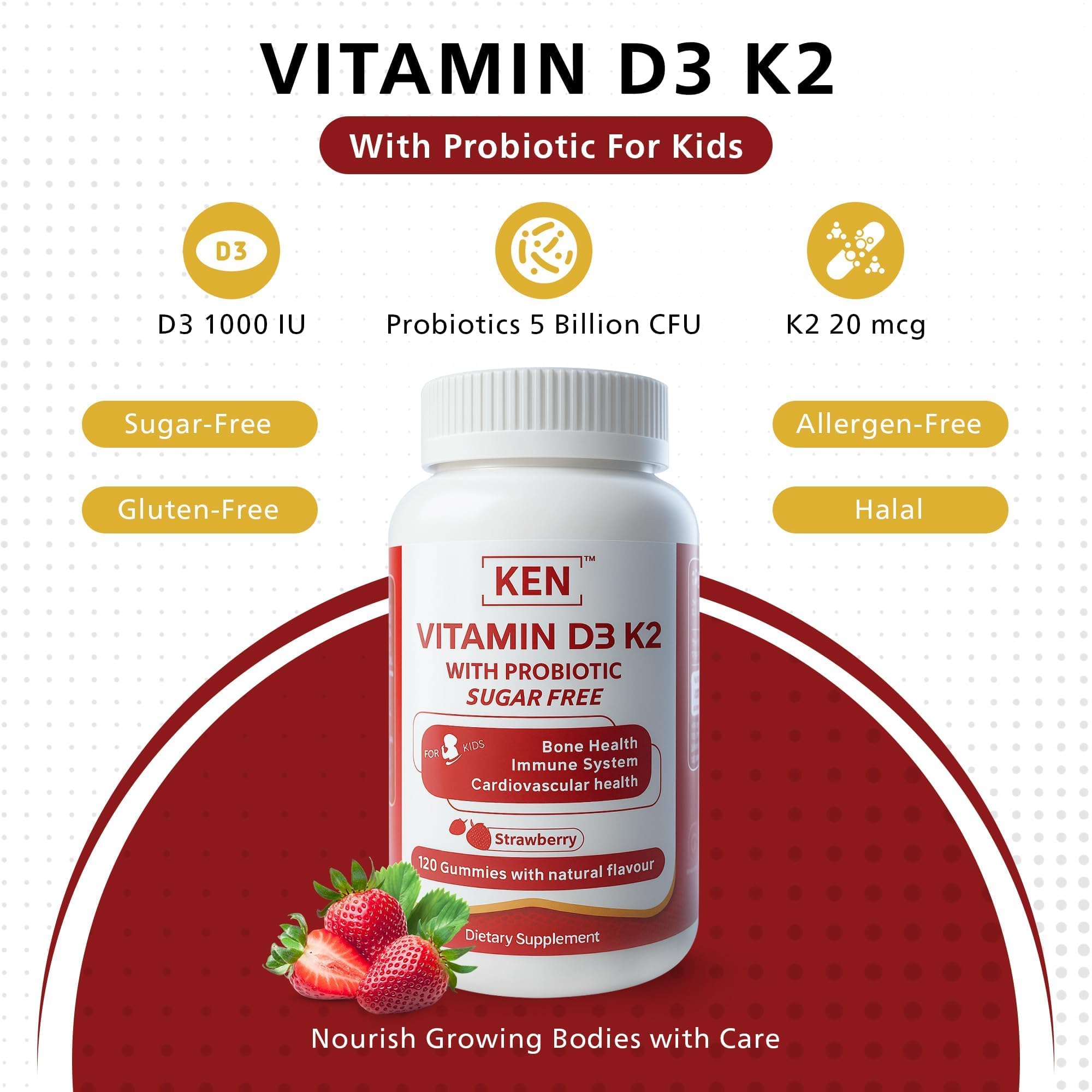 KEN Gommes D3 K2 enfants probiotiques — bouteille, équilibre intestinal potentiel pour l'enfant