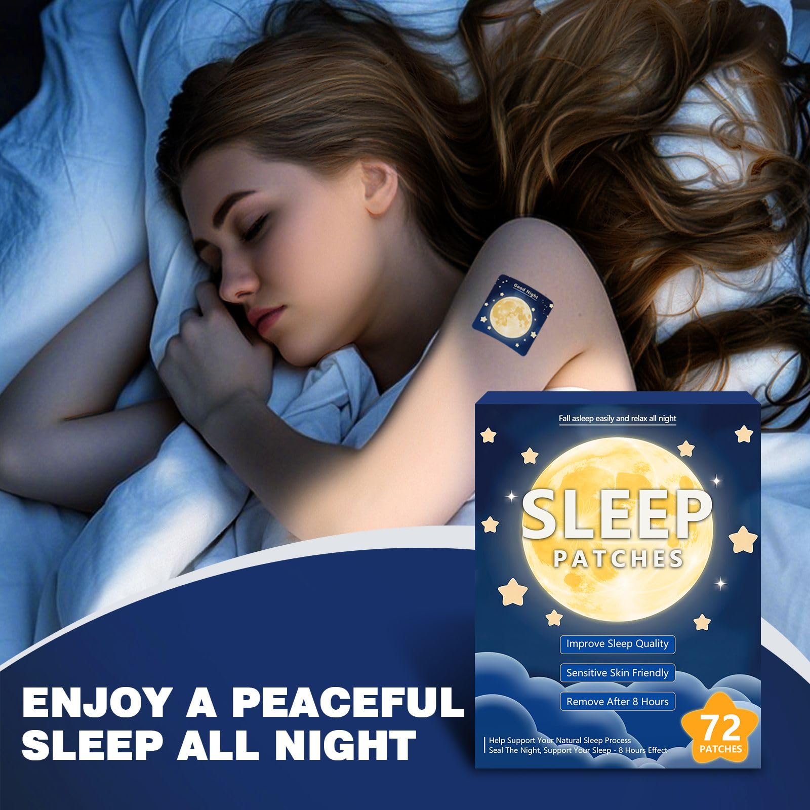 Kensem 72 Patchs de sommeil application poignet intérieur, utilisation discrète avant le sommeil.