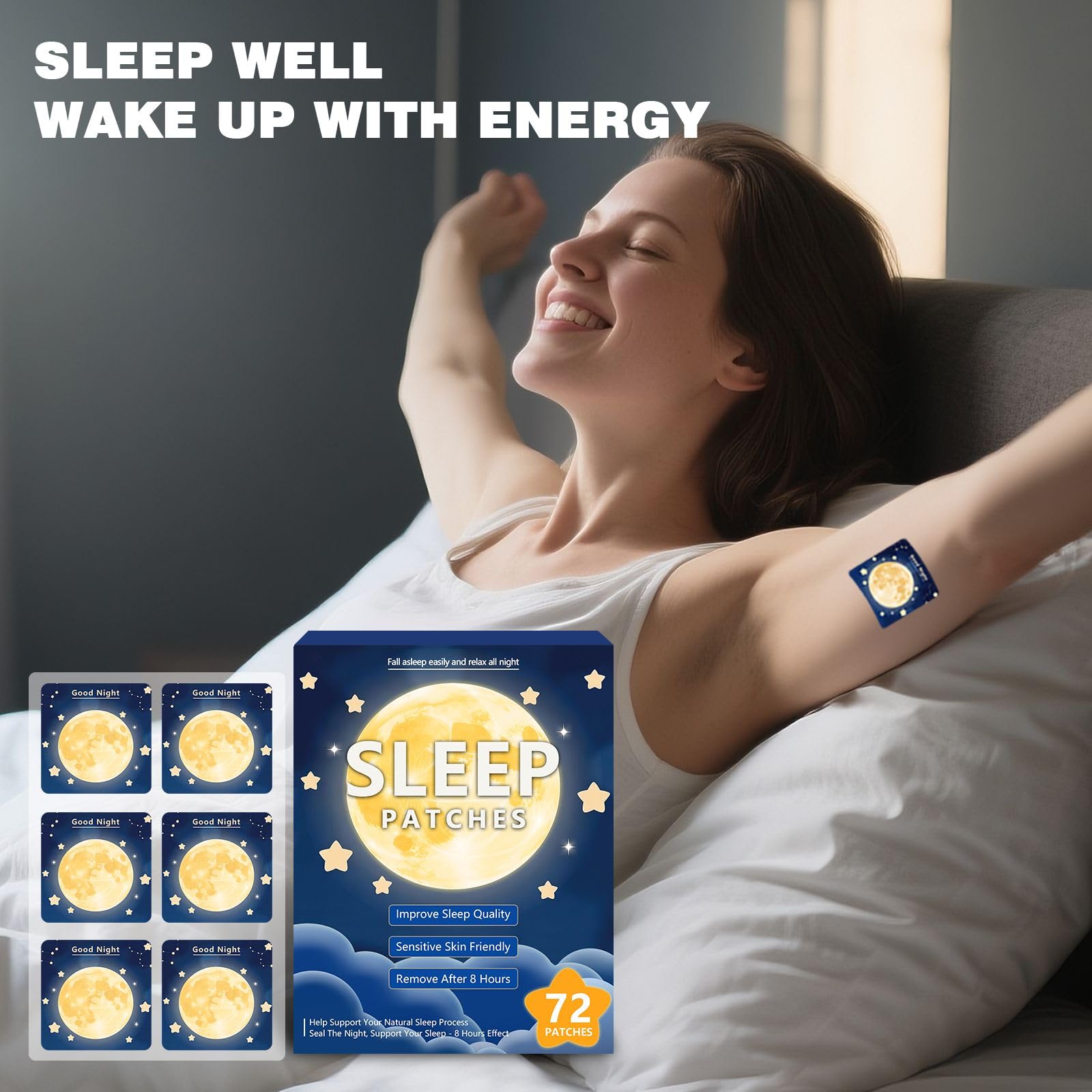 Kensem 72 Patchs de sommeil sur peau, adhésif doux et tenue fiable toute la nuit.