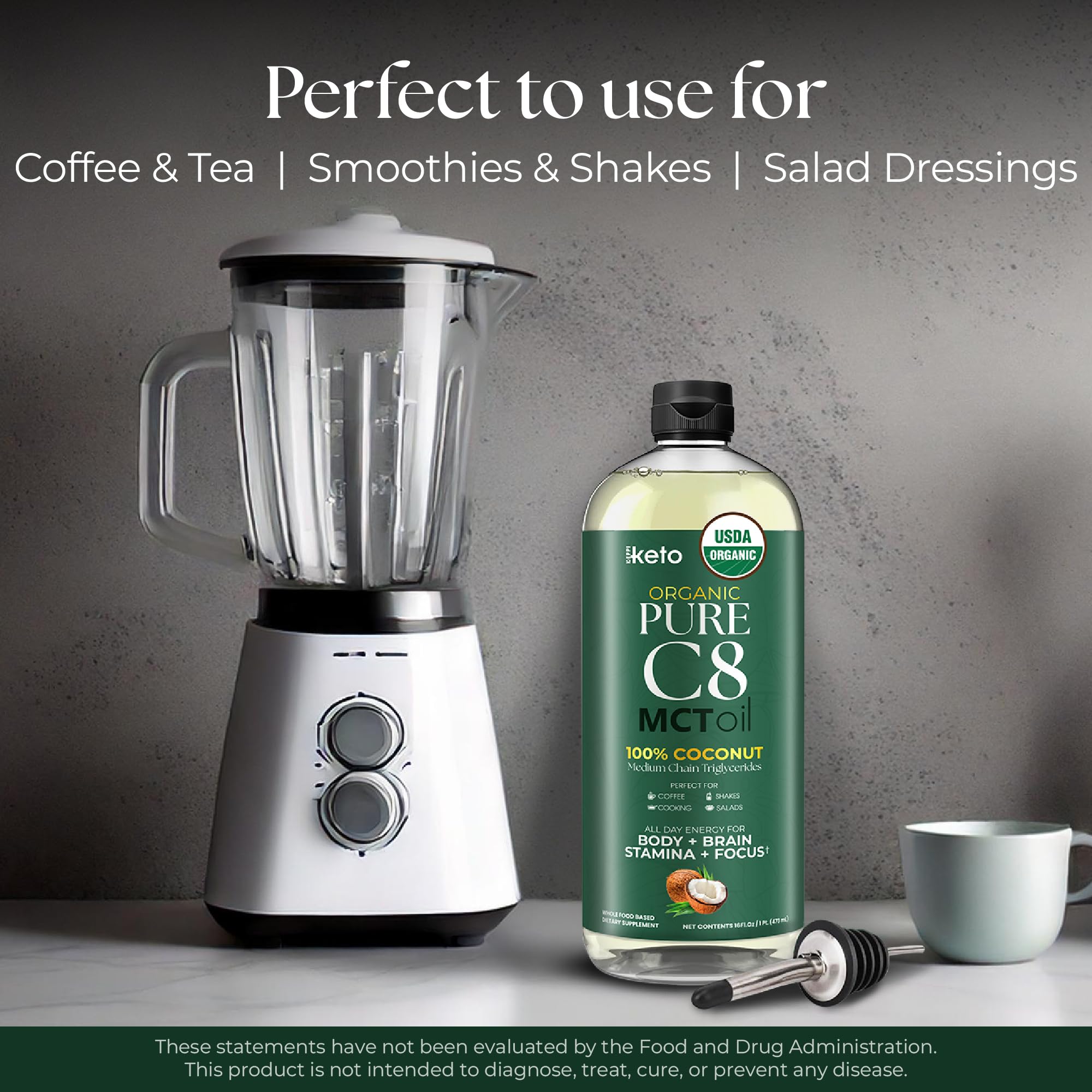 Goutte d’huile Keppi MCT C8 sans saveur dans un verre pour mélange facile.