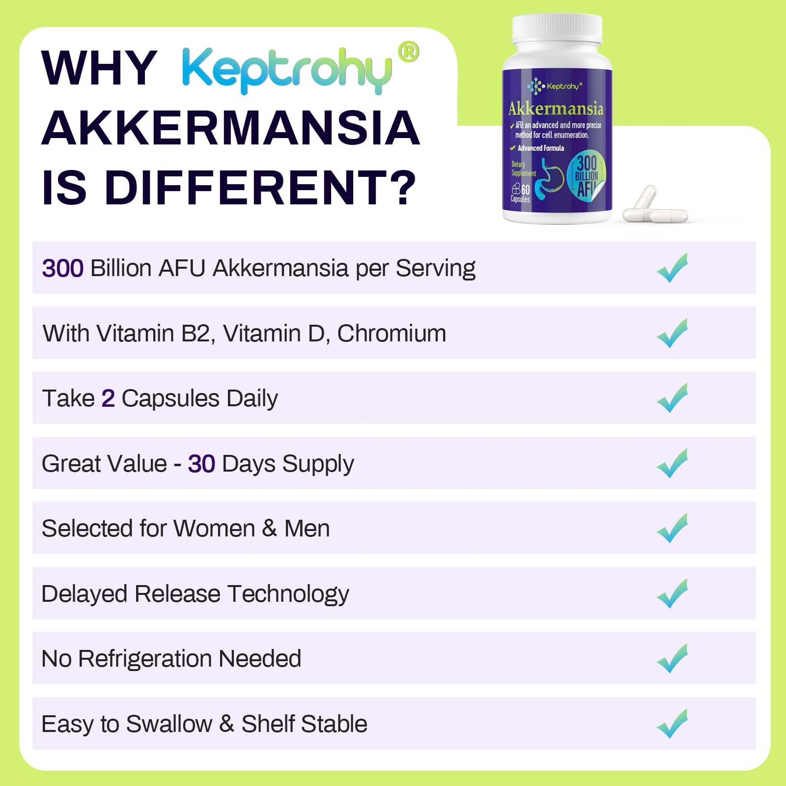 Keptrohy, capsules Akkermansia favorisant une flore intestinale équilibrée.