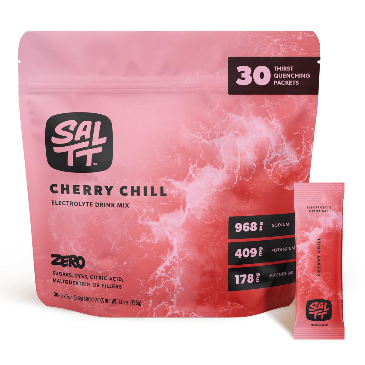 Keto Chow SALTT Cherry Chill emballage et mise en place pour une hydratation sans sucre.