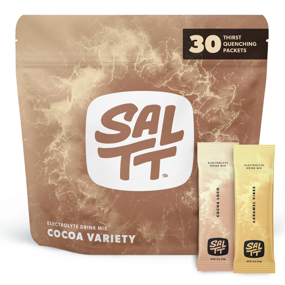 Sachets SALTT Keto Chow au cacao, emballage pratique pour voyager et rester hydraté.