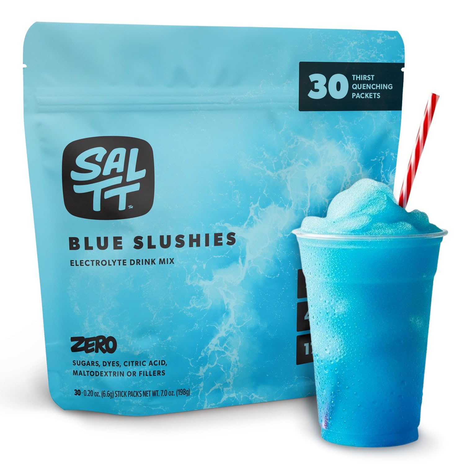 SALTT Keto Chow – sachets d'hydratation bleu glace, pratique en déplacement.