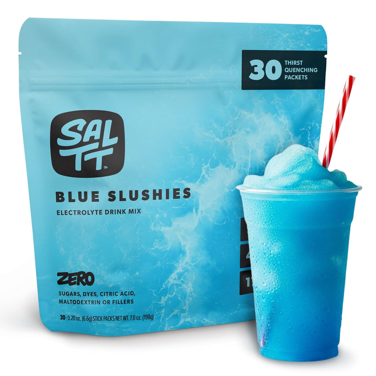 SALTT Keto Chow – sachets d'hydratation bleu glace, pratique en déplacement.