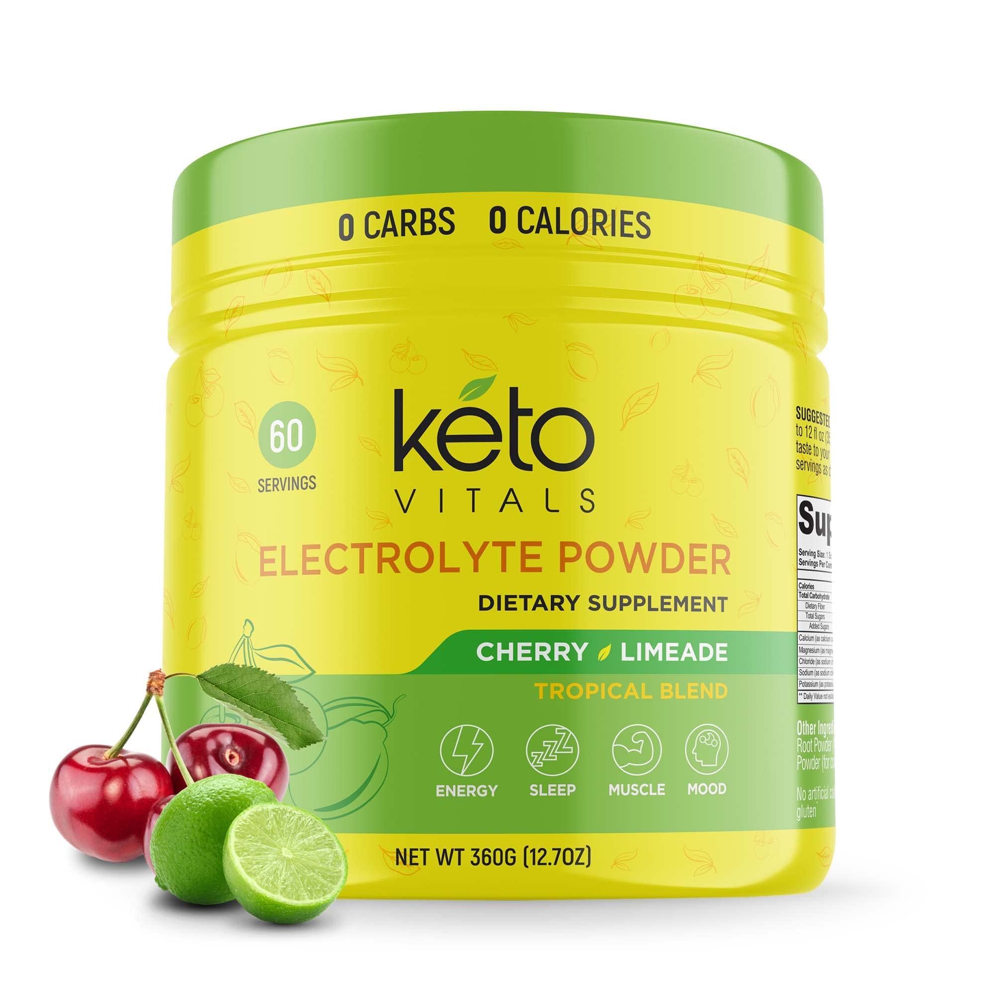 Keto Vitals Électrolytes en poudre dans sa boîte, recharge hydrique sans calories.