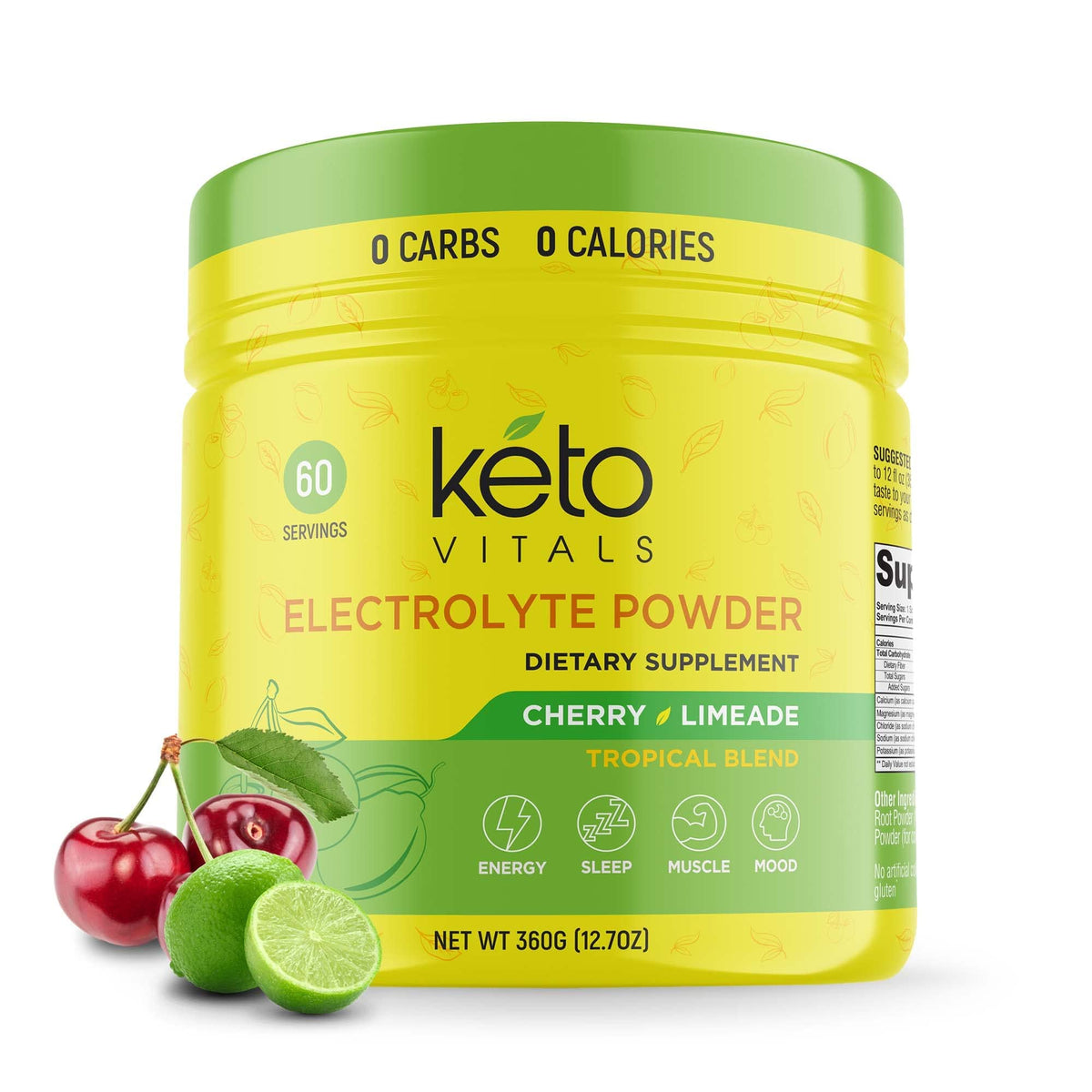Keto Vitals Électrolytes en poudre dans sa boîte, recharge hydrique sans calories.