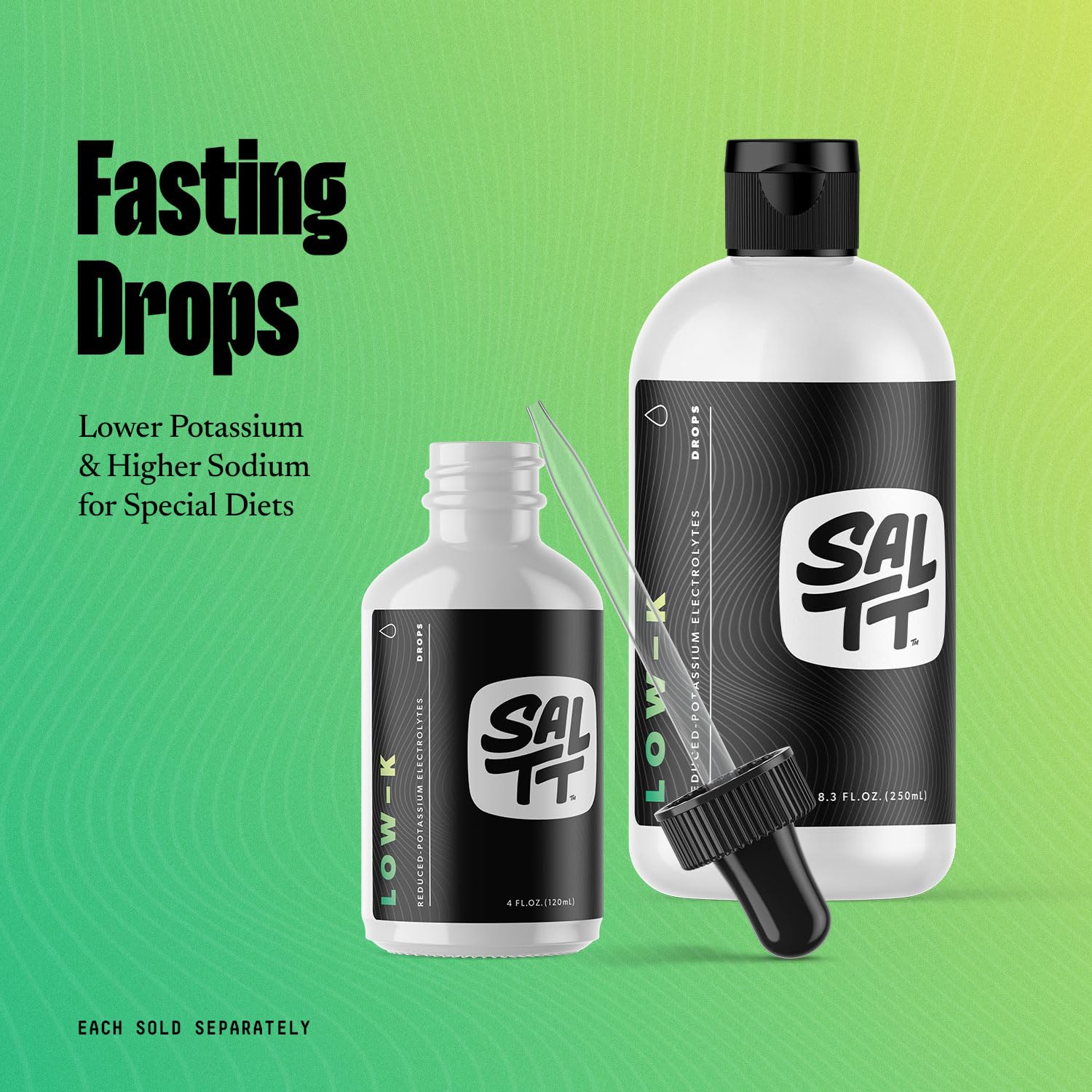 Flacon transparent SALTT Low-K Fasting Drops pour vérifier le niveau.