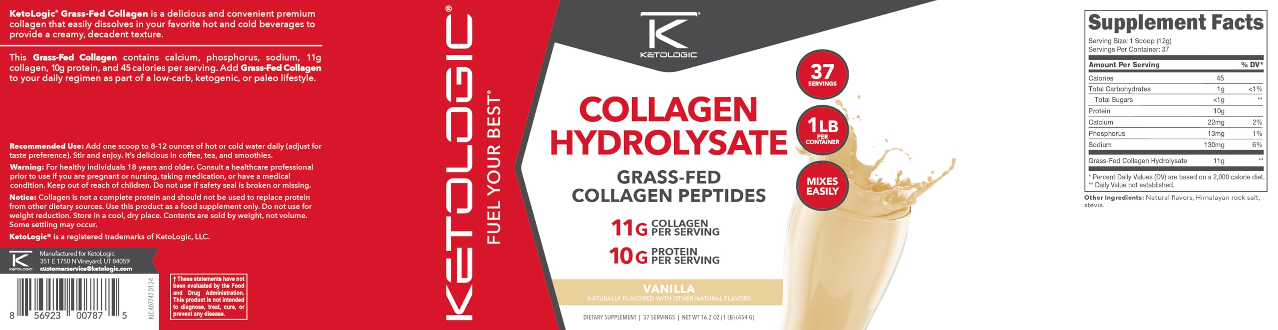 Ketologic collagène vanille avec certifications BPF et NSF pour la sécurité.