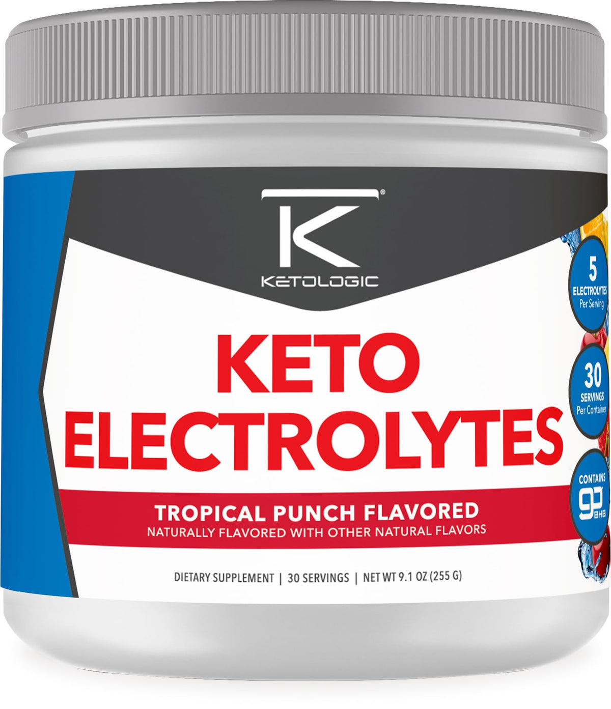 Ketologic Poudre Électrolytique Keto Saveur Tropicale, emballage attrayant pour hydratation pratique