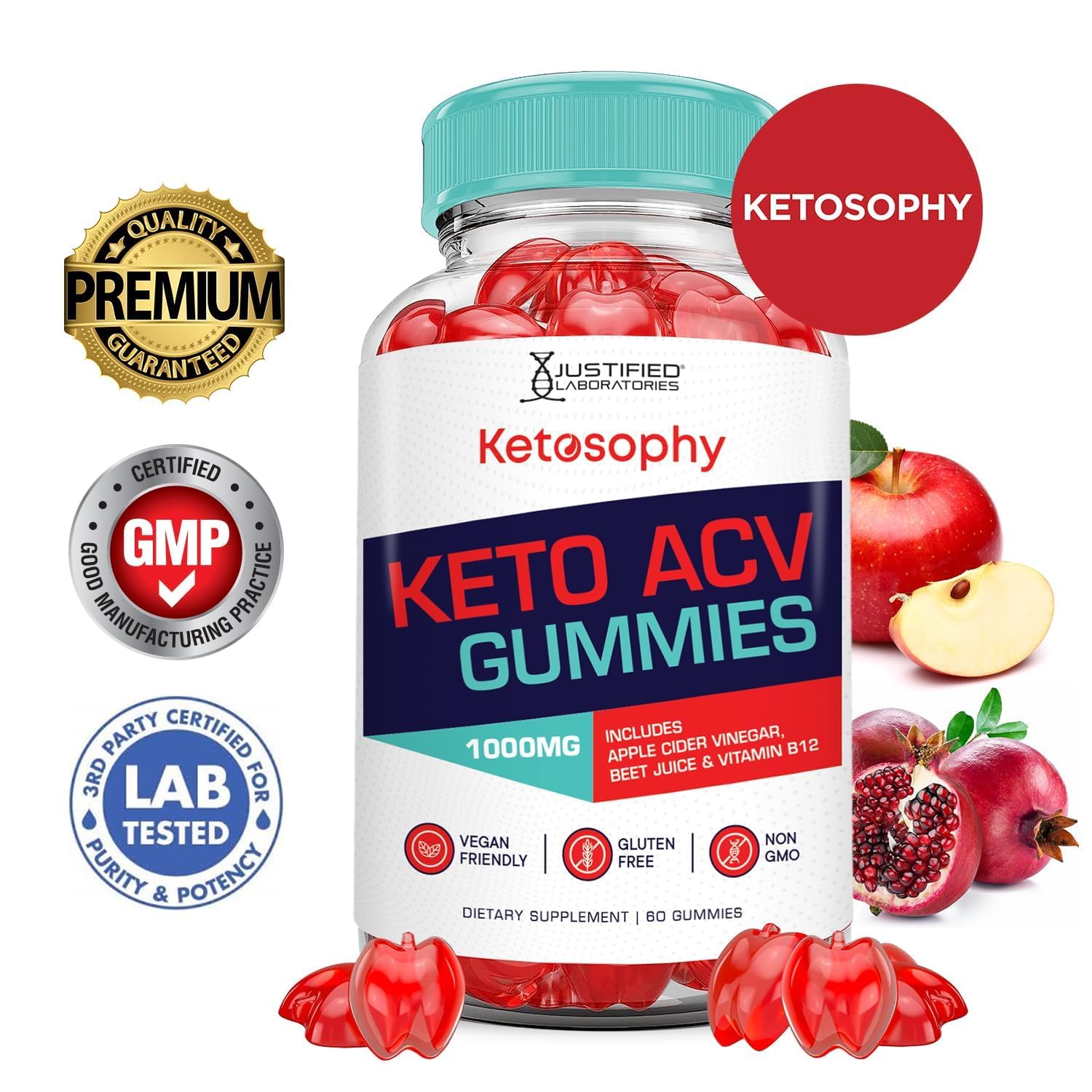 Ketosophy Gummies ACV, vue étiquette, associe ACV et saveur fruitée.