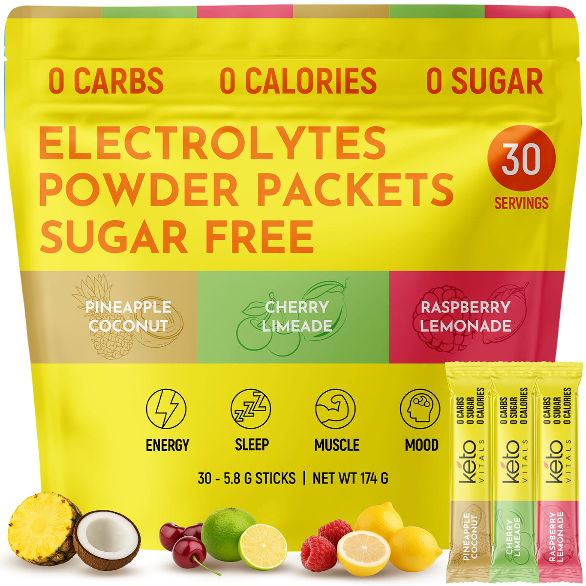 Keto Vitals Electrolytes Tropicaux en sachets-portables pour hydratation pratique en déplacement.