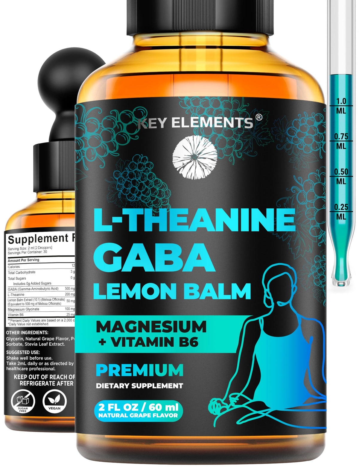 KEY ELEMENTS GABA liquide: bouteille avec versement, soutien potentiel au calme.