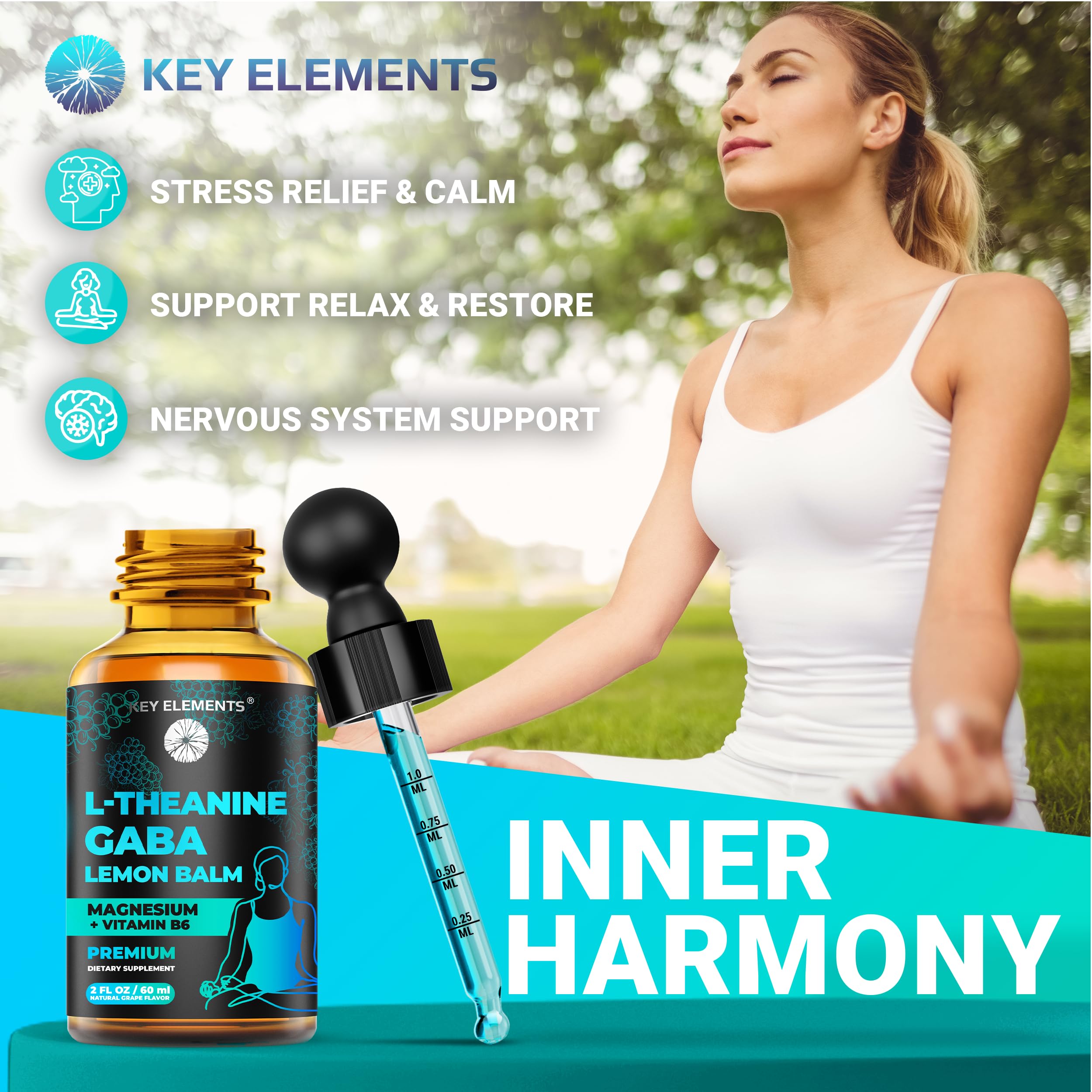 KEY ELEMENTS GABA liquide: compte-gouttes en gros plan, absorption rapide possible.