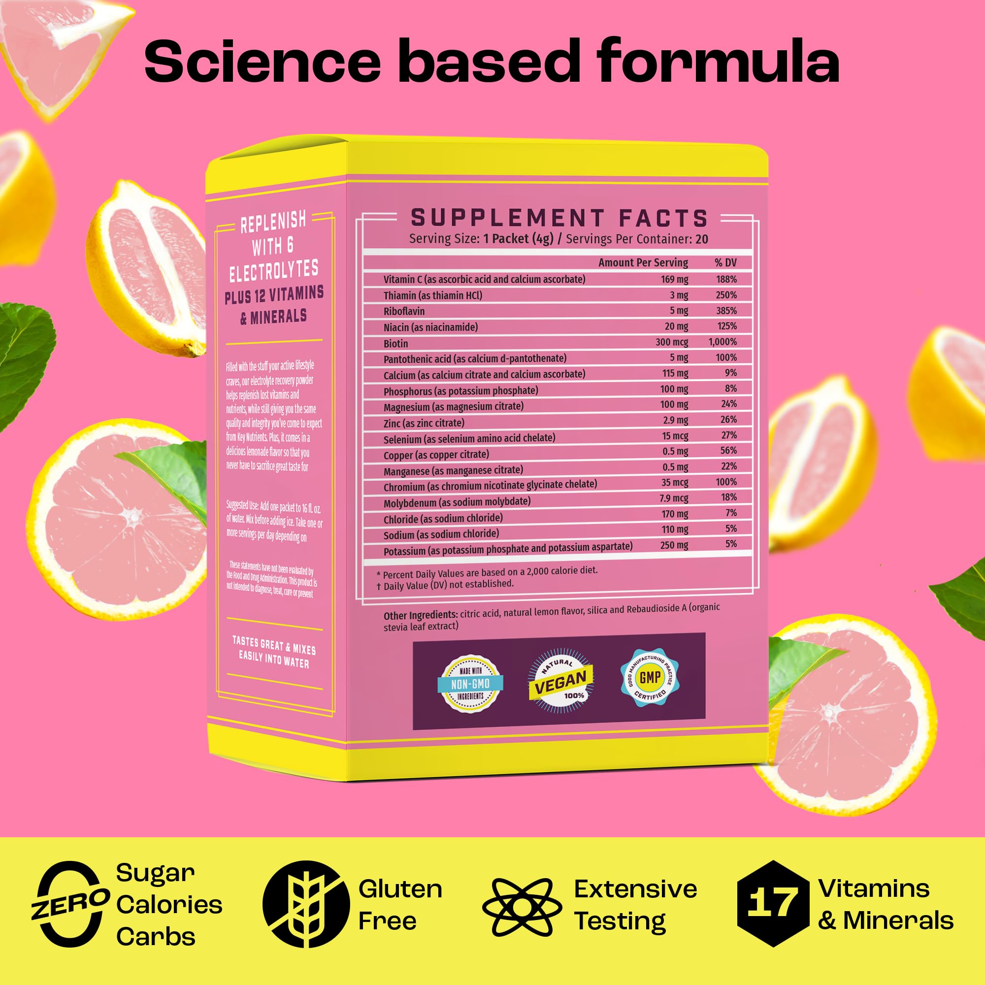 KEY NUTRIENTS électrolytes en poudre – limonade rose prête à boire rapidement.