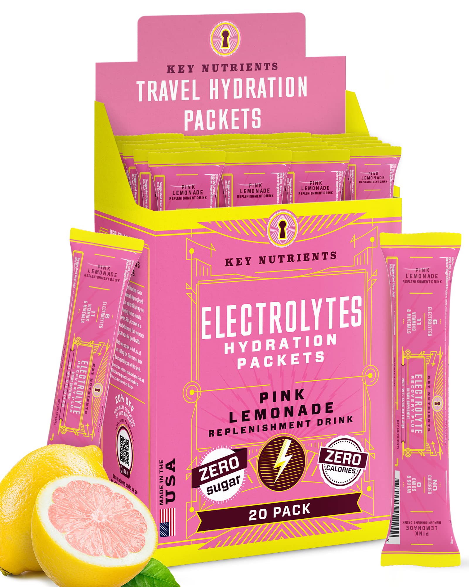 KEY NUTRIENTS électrolytes en poudre, sachet citron-rose – hydratation pratique après l'effort.