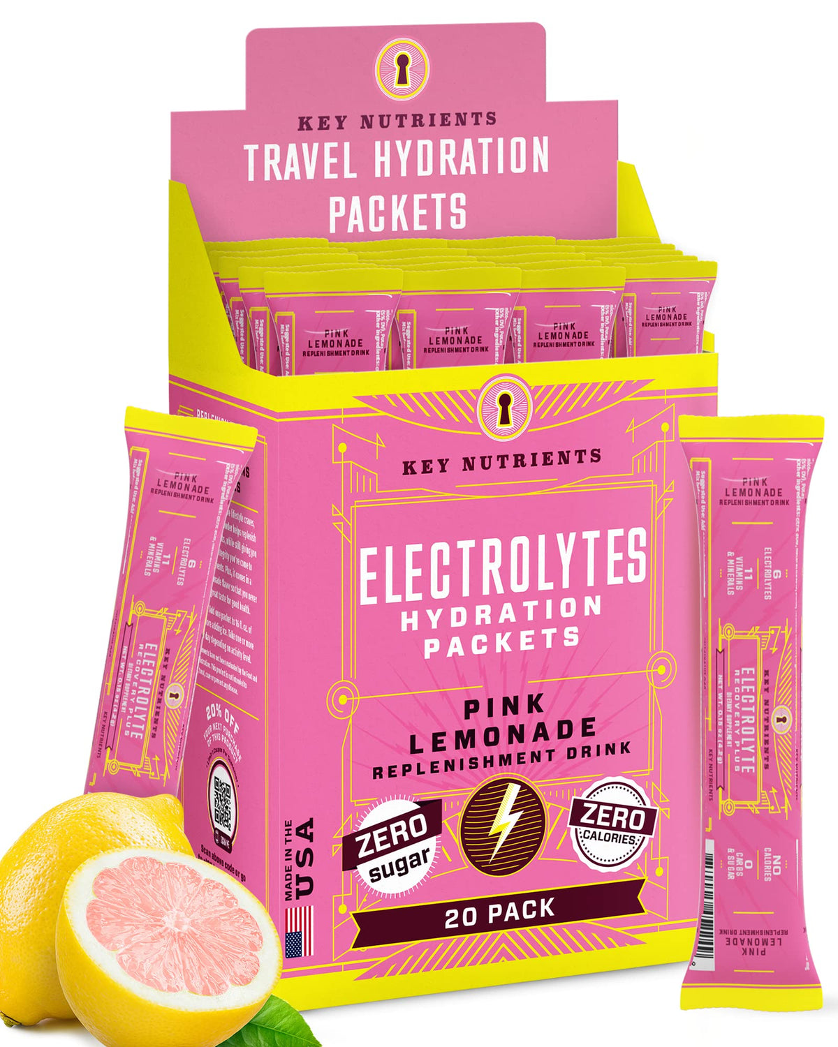 KEY NUTRIENTS électrolytes en poudre, sachet citron-rose – hydratation pratique après l'effort.