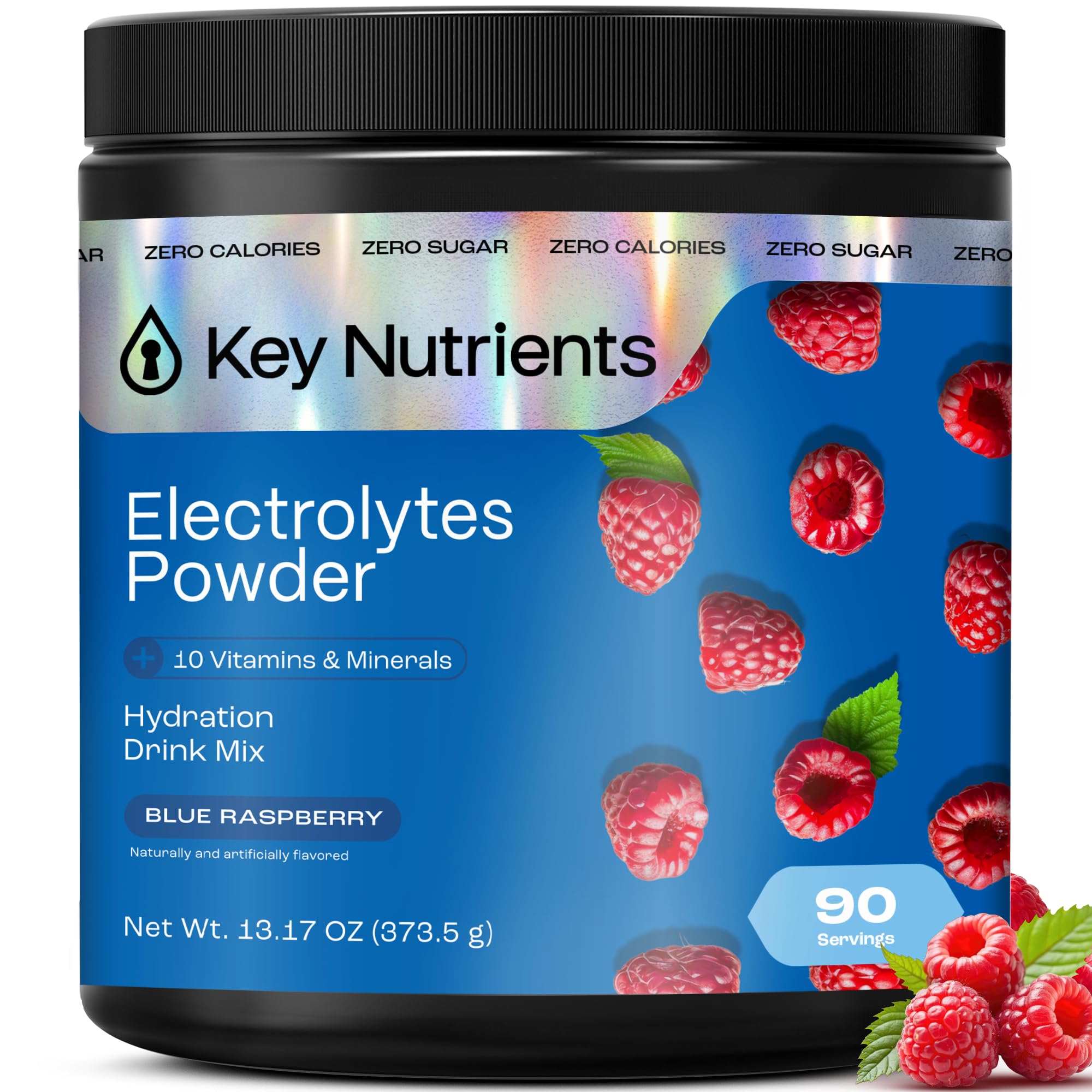 Key Nutrients poudre électrolytes bleu-framboise, hydratation rapide sans calories.