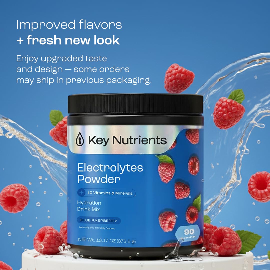 Key Nutrients sachets électrolytes bleu-framboise, format pratique pour entraînements.