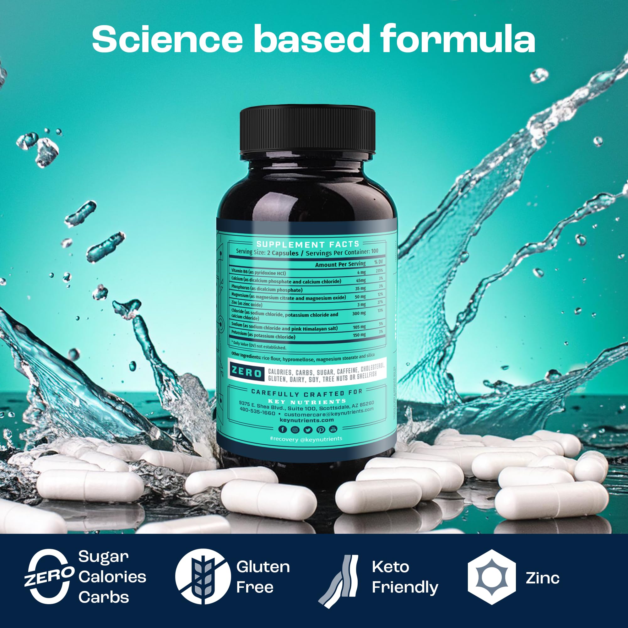 Fabriqué aux États-Unis: KEY NUTRIENTS Électrolytes – qualité certifiée NSF et GMP.