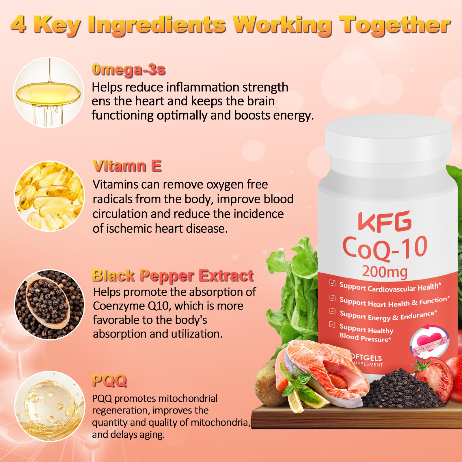 KFG CoQ10 200 mg, oméga-3: soutien immunitaire et santé cérébrale.