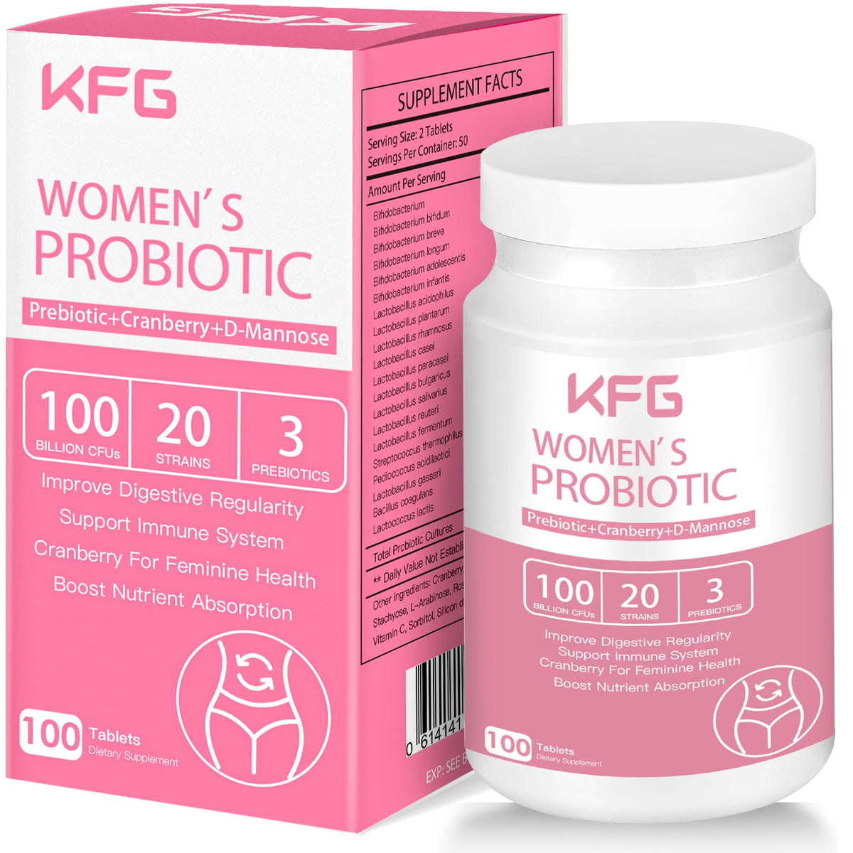 Probiotiques KFG en bouteille montrant 100 milliards CFU pour le soutien digestif potentiel.