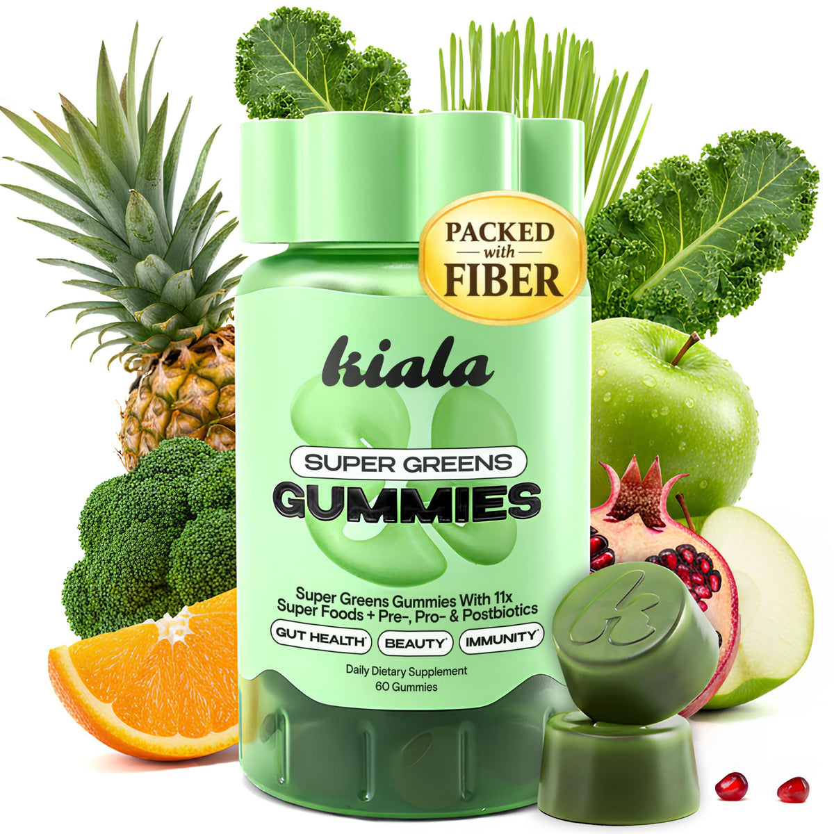 Kiala Nutrition Gommes Vertes – bouteille visible, routine bien-être quotidienne