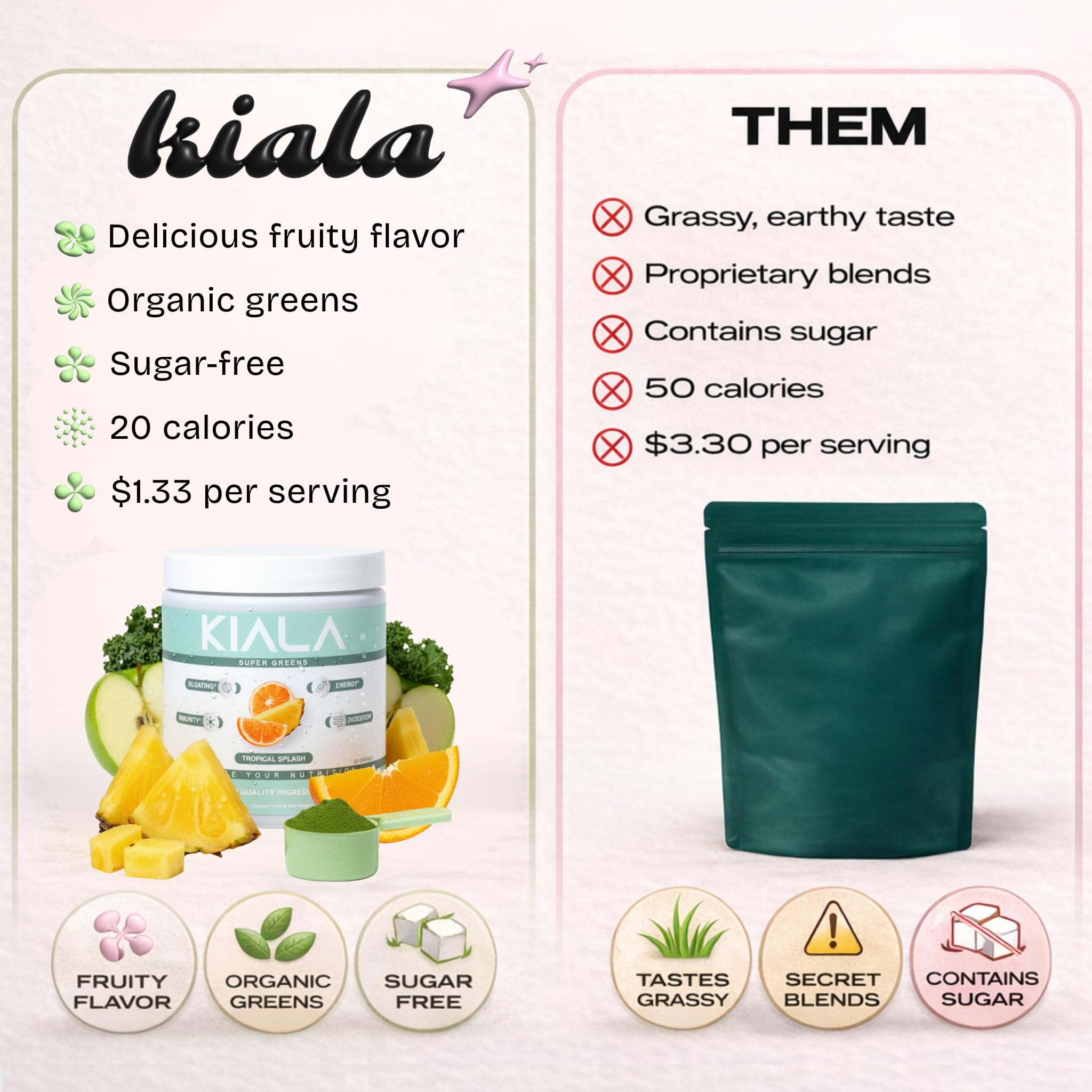Étiquette Kiala Nutrition Super Greens sans gluten et vegan, mode de vie sain.