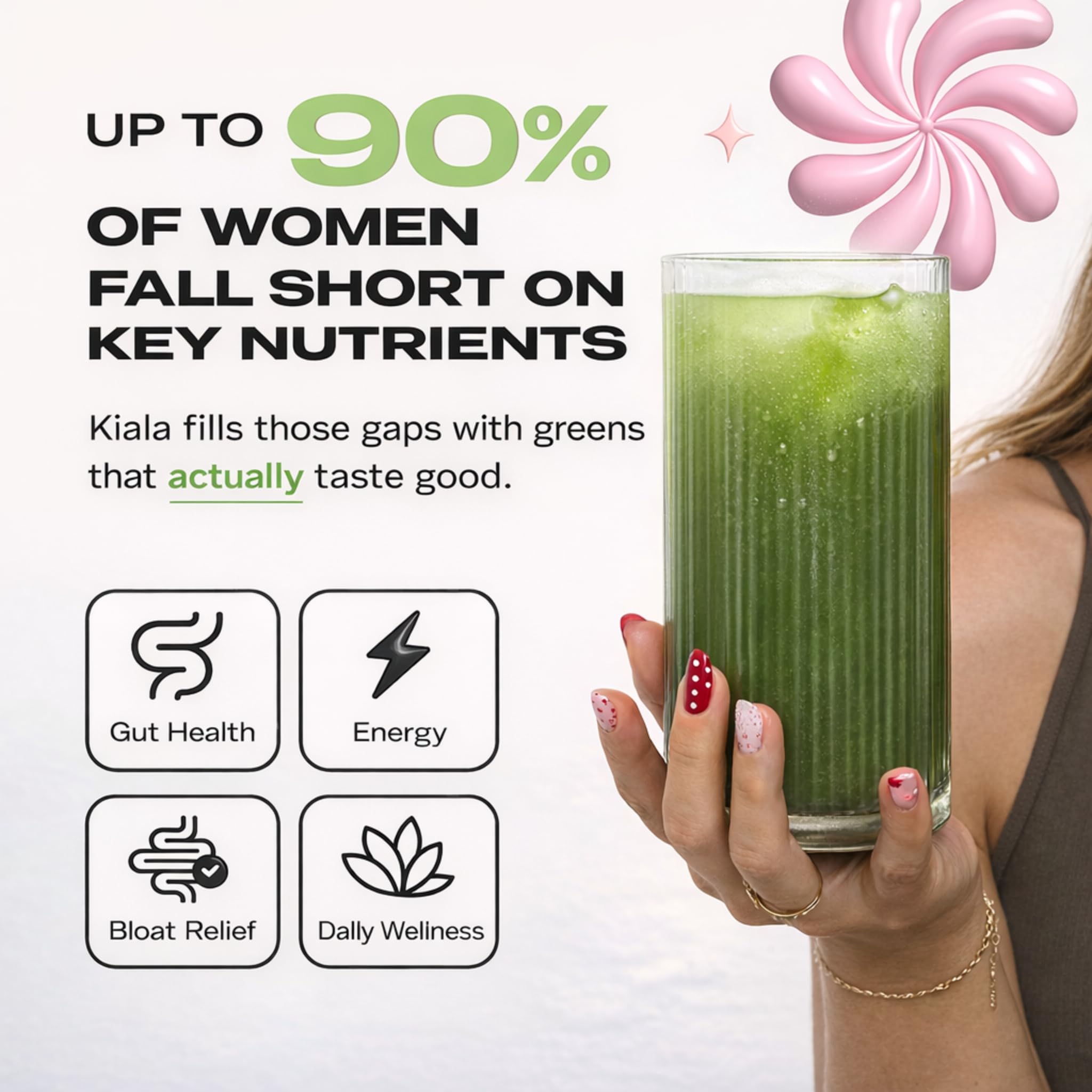 Kiala Nutrition Super Greens – shaker visible, pratique pour démarrer votre journée.