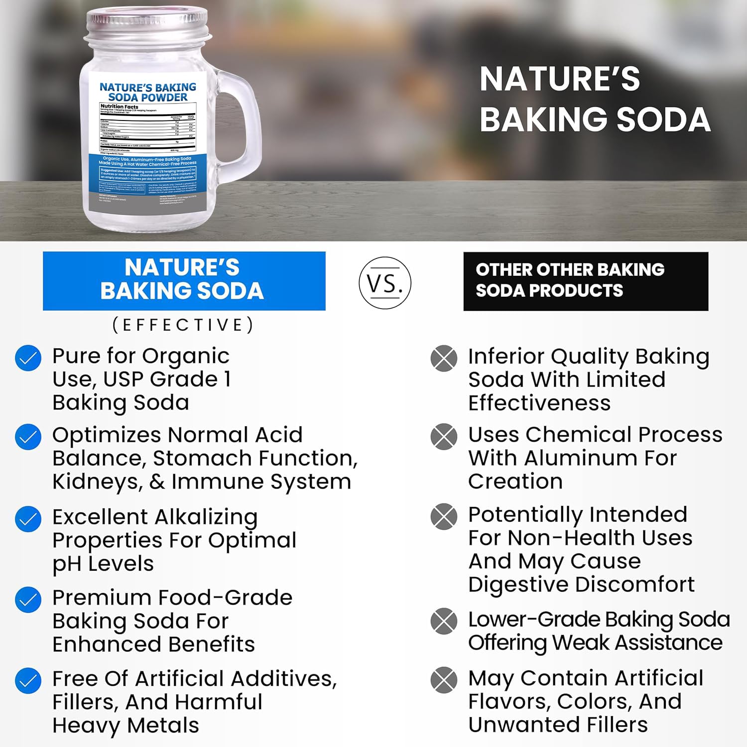 Bicarbonate de soude organique sans aluminium, idéal pour diverses préparations culinaires.