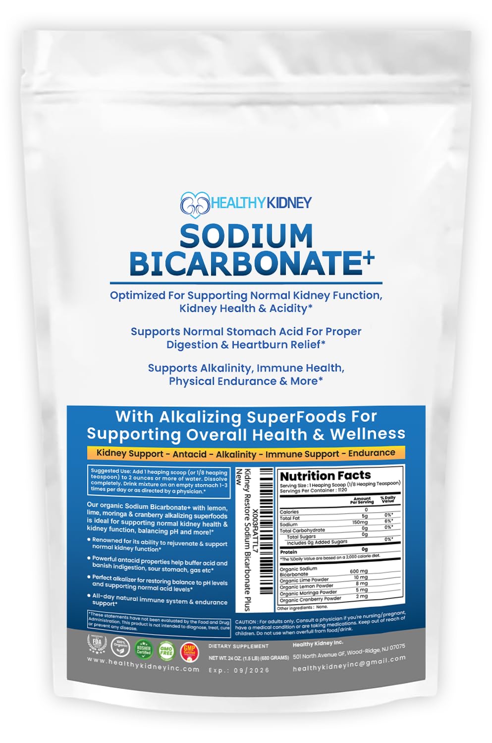Kidney Restore bicarbonate en poudre, favorise l'alcalinité et le confort digestif.