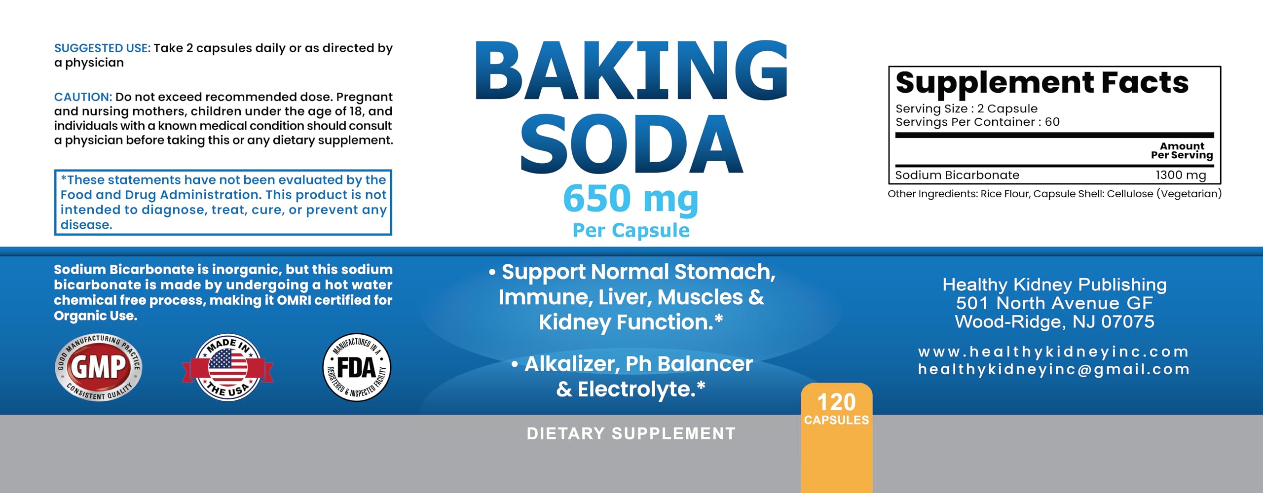 Ingrédient pur Kidney Restore bicarbonate 650 mg – sans additifs agressifs.